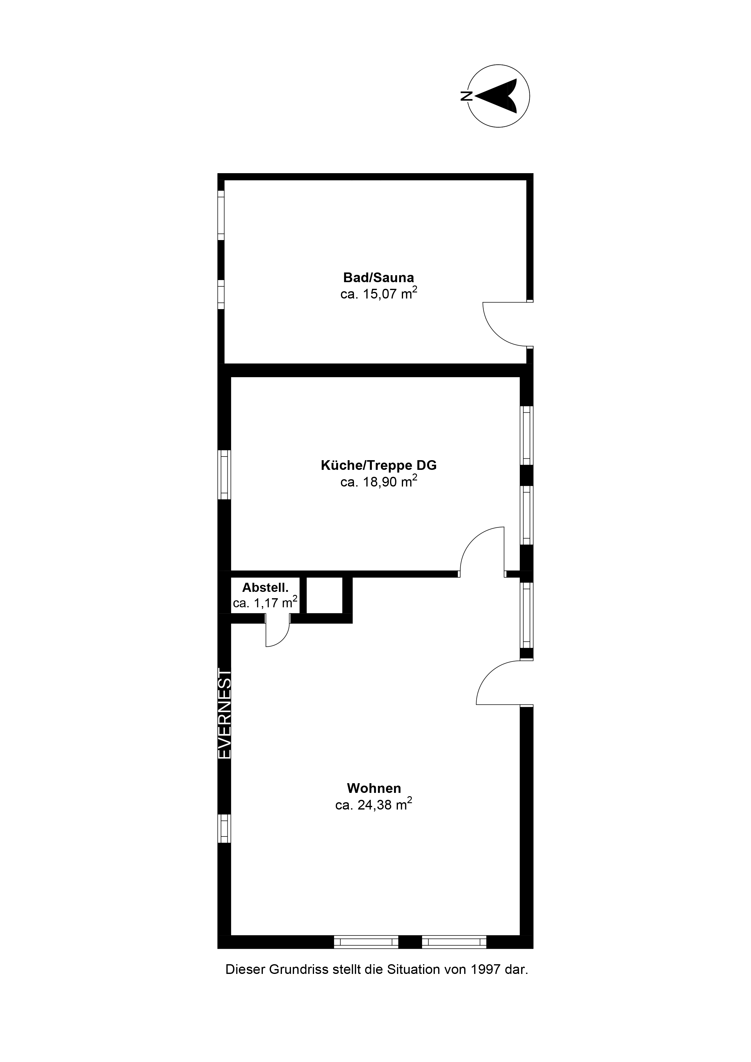 Grundriss mit Wohnzimmer, Küche, Bad/Sauna und Abstellraum, Flächenangaben in Quadratmetern.