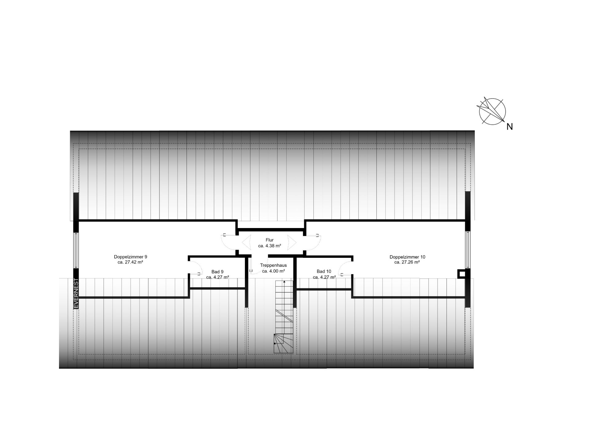 Grundriss eines Obergeschosses mit Flur, zwei Zimmern, zwei Bädern und Treppenhaus.