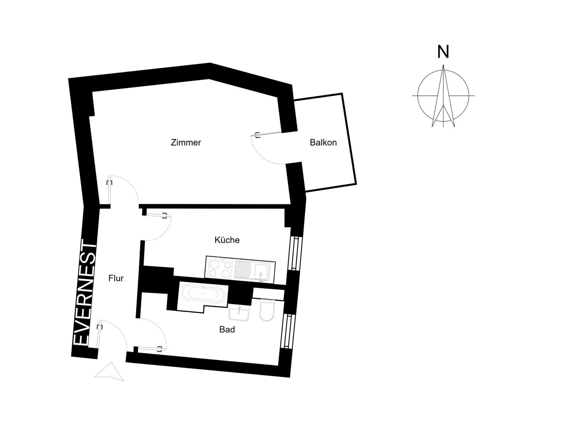 Grundriss mit Zimmer, Balkon, Küche, Bad und Flur.