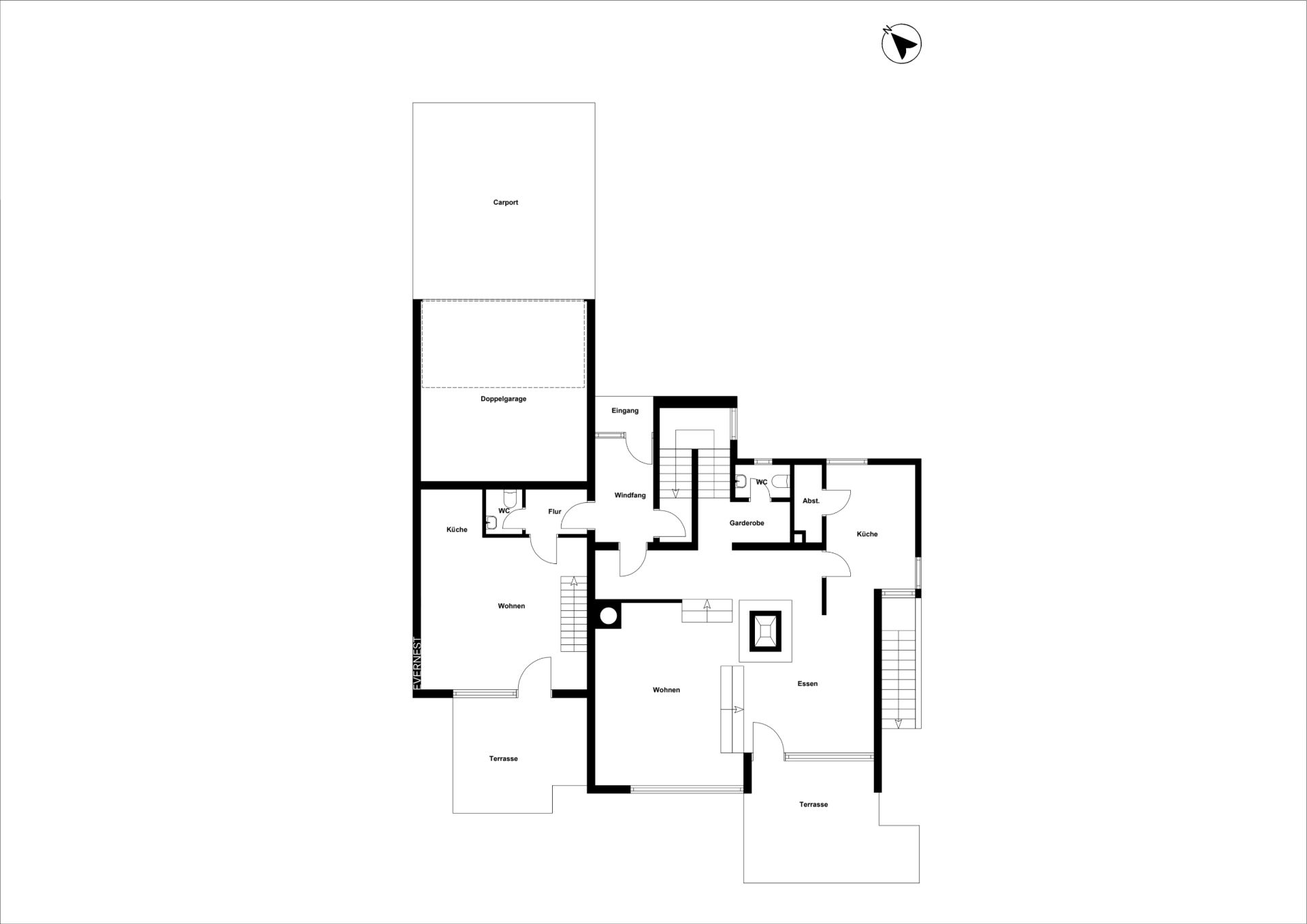 Grundriss eines Wohnhauses mit mehreren Zimmern, Küche, Bad, zwei Terrassen und Carport.