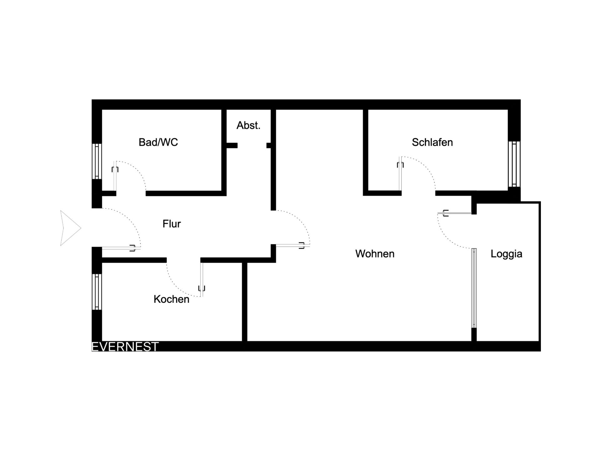 Grundriss einer Wohnung mit Bad, Flur, Küche, Schlafzimmer, Wohnen, Abstellraum und Loggia.