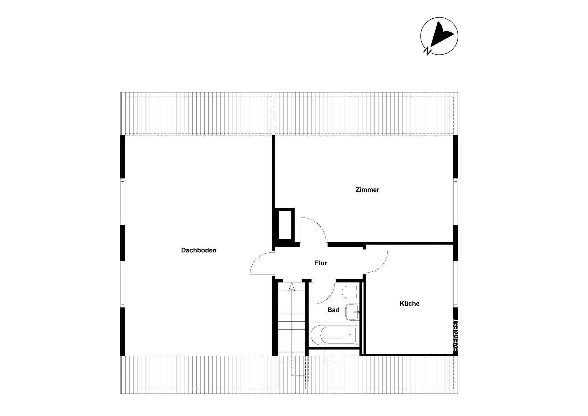 Grundriss mit Dachboden, Zimmer, Küche, Bad, Flur und Treppe.