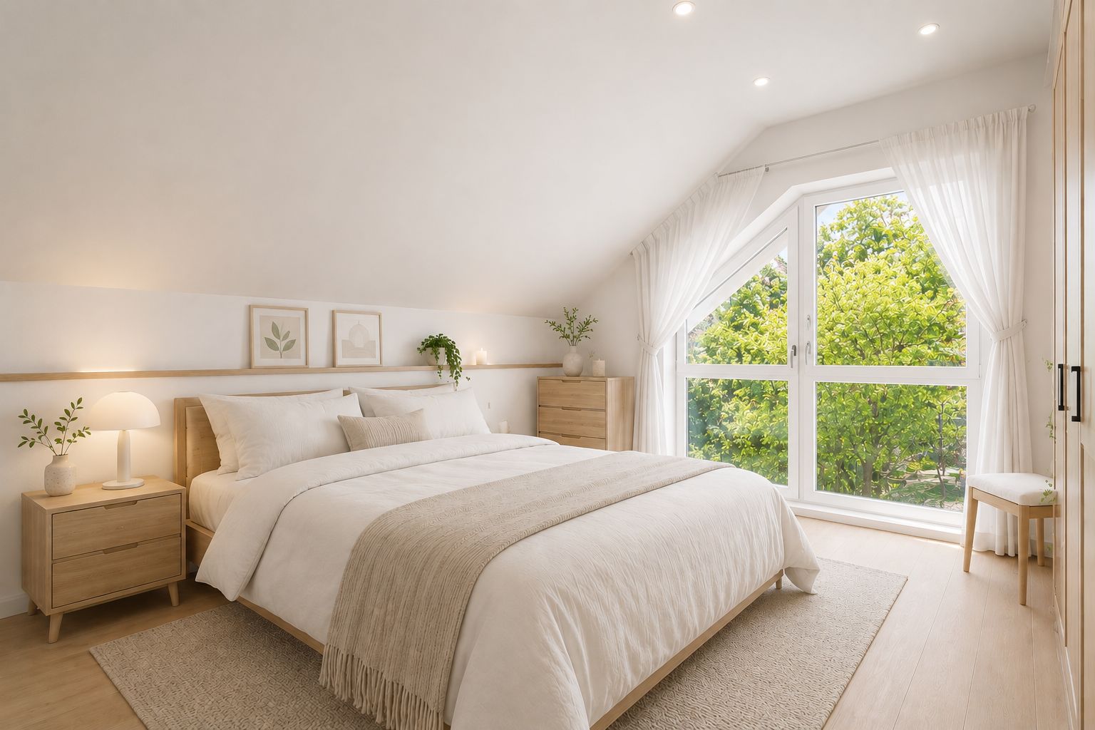 Helles Schlafzimmer mit Doppelbett, Holzmöbeln und großem Fenster mit Blick auf Bäume.