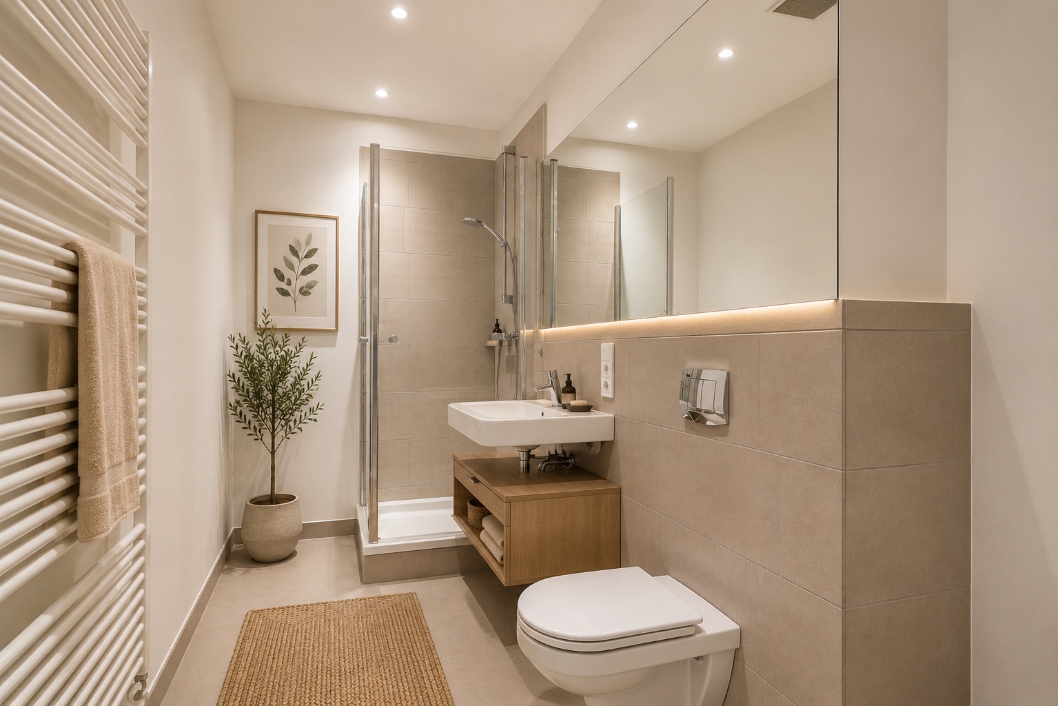 Modernes Badezimmer mit Dusche, WC, Waschbecken, großem Spiegel und Pflanze.