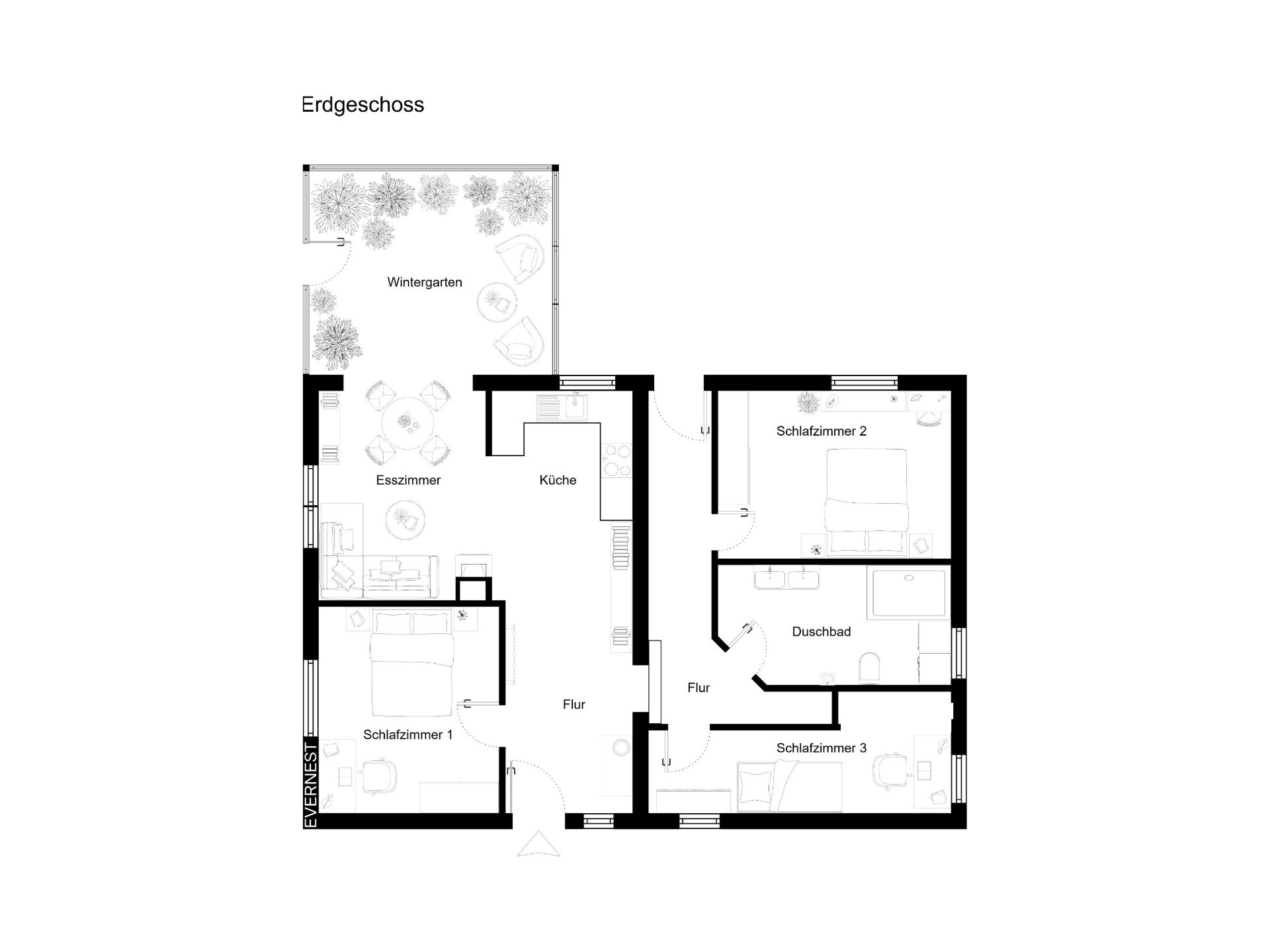 Grundriss des Erdgeschosses mit drei Schlafzimmern, Küche, Esszimmer, Wintergarten und Bad.