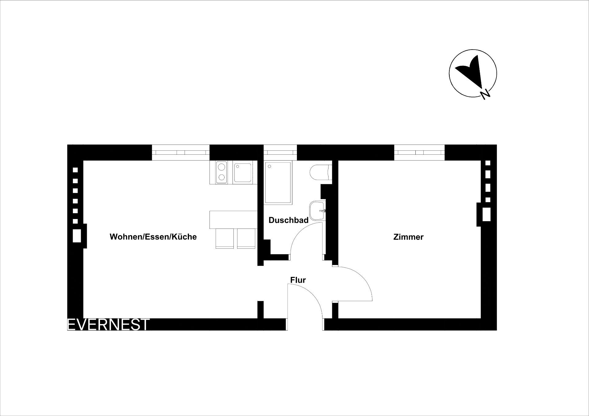 Grundriss einer Wohnung mit Wohnküche, Duschbad, Flur und Zimmer.