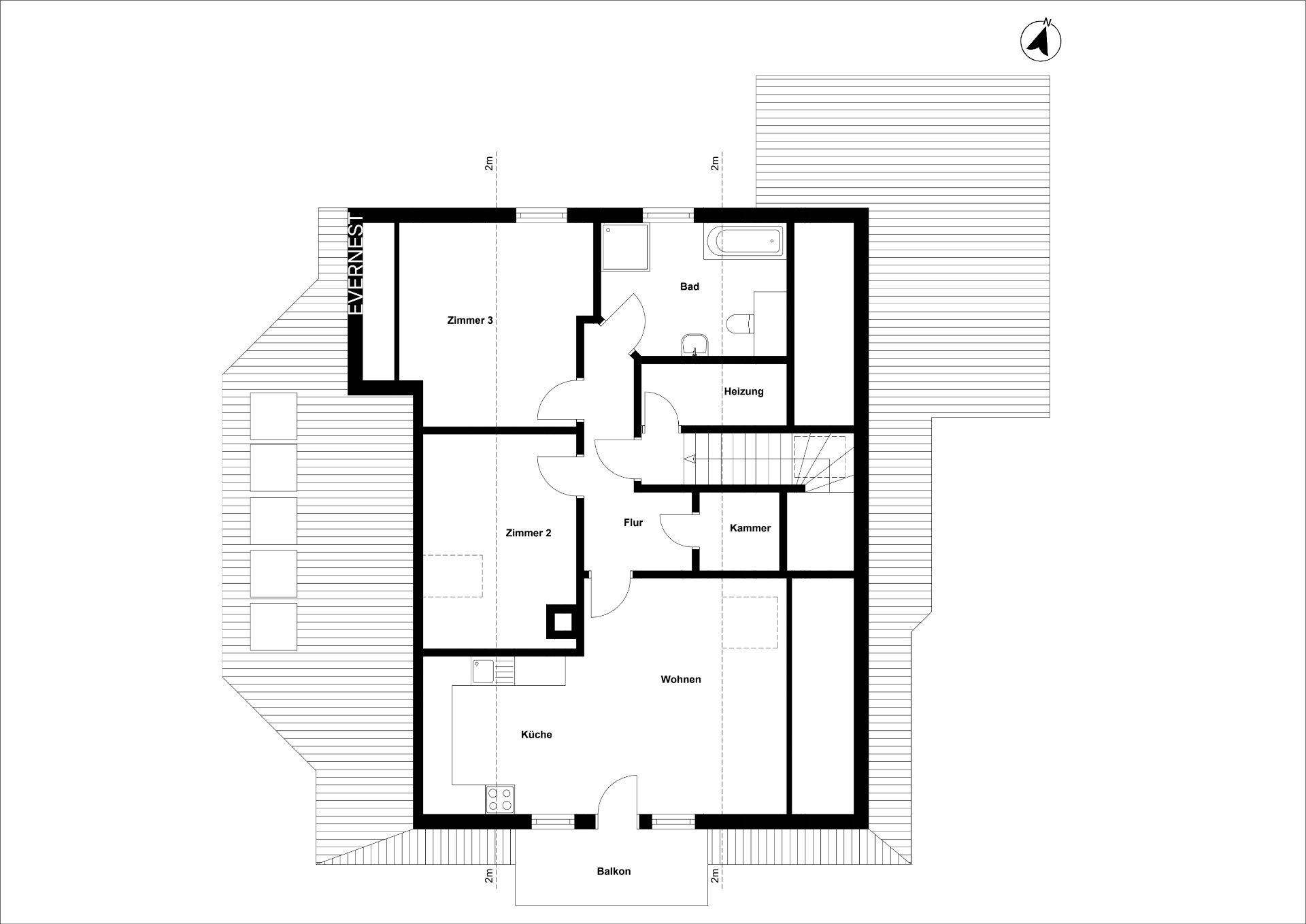 Grundriss einer Wohnung mit drei Zimmern, Küche, Bad, Flur, Kammer, Heizung und Balkon.