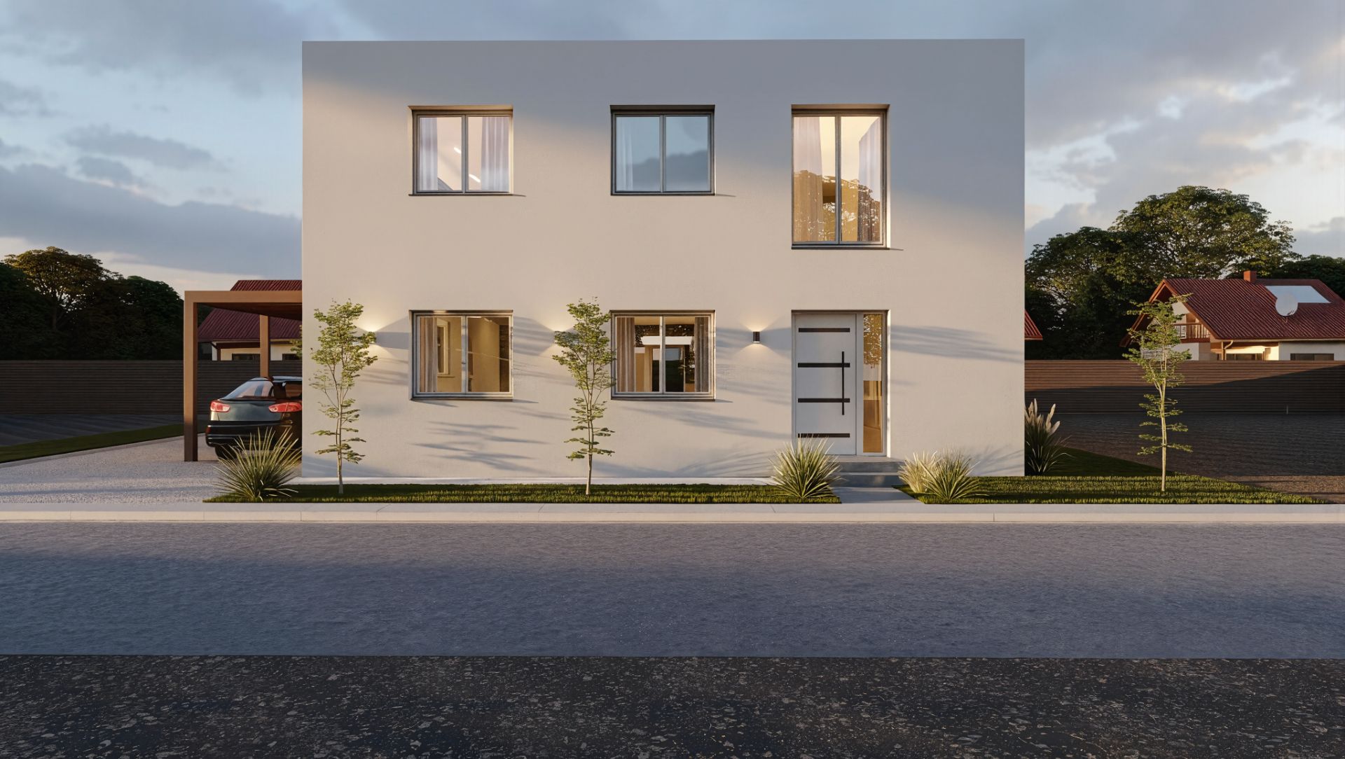 Moderne zweistöckige Hausfassade mit mehreren Fenstern, Tür und Vorgarten.