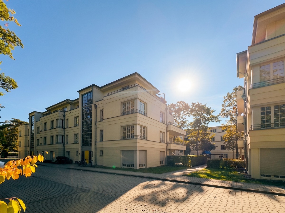 Helle Mehrfamilienhäuser mit großen Fenstern an einer ruhigen Straße bei Sonnenschein.