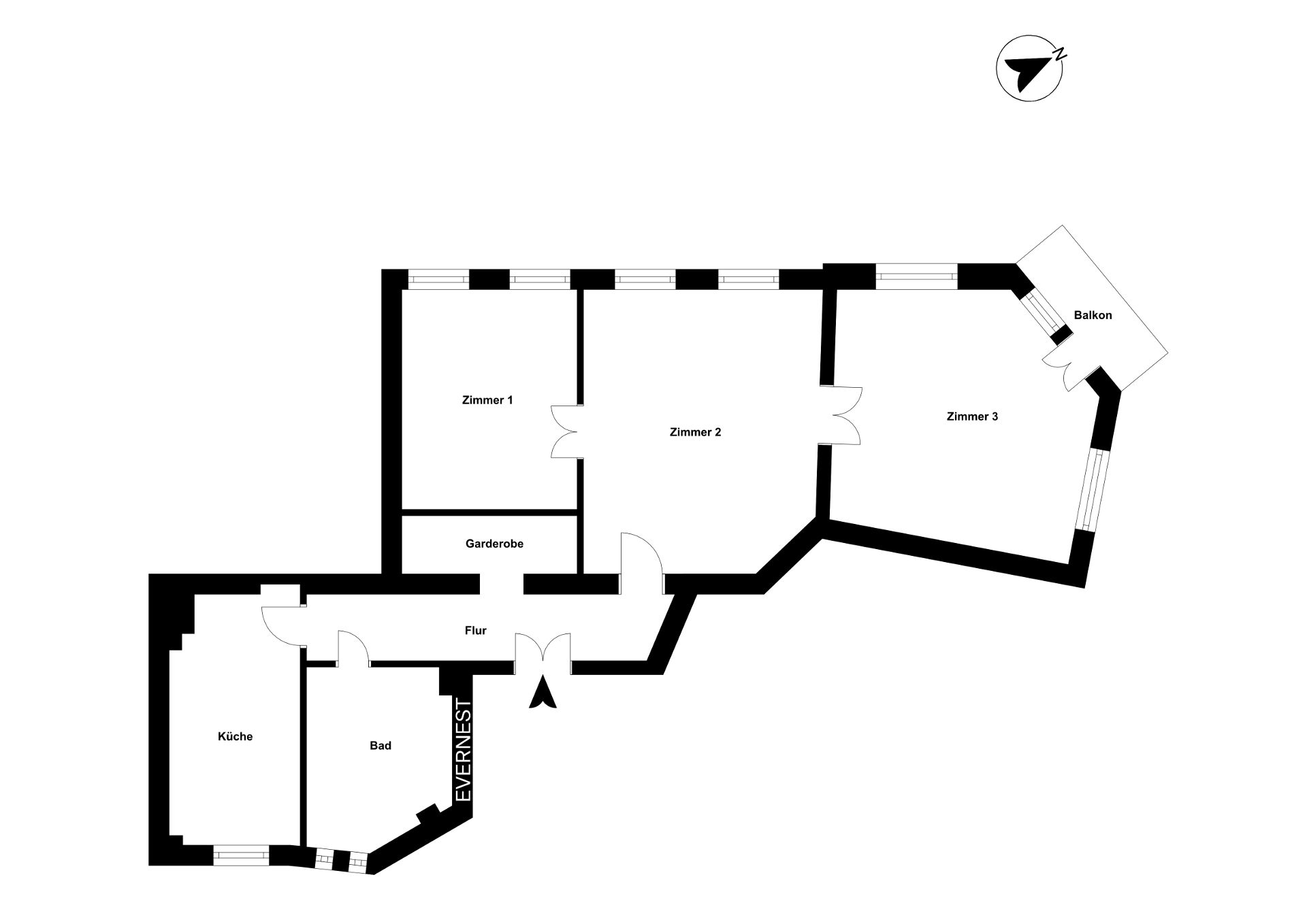 Grundriss einer Wohnung mit drei Zimmern, Küche, Bad, Garderobe, Flur und Balkon.