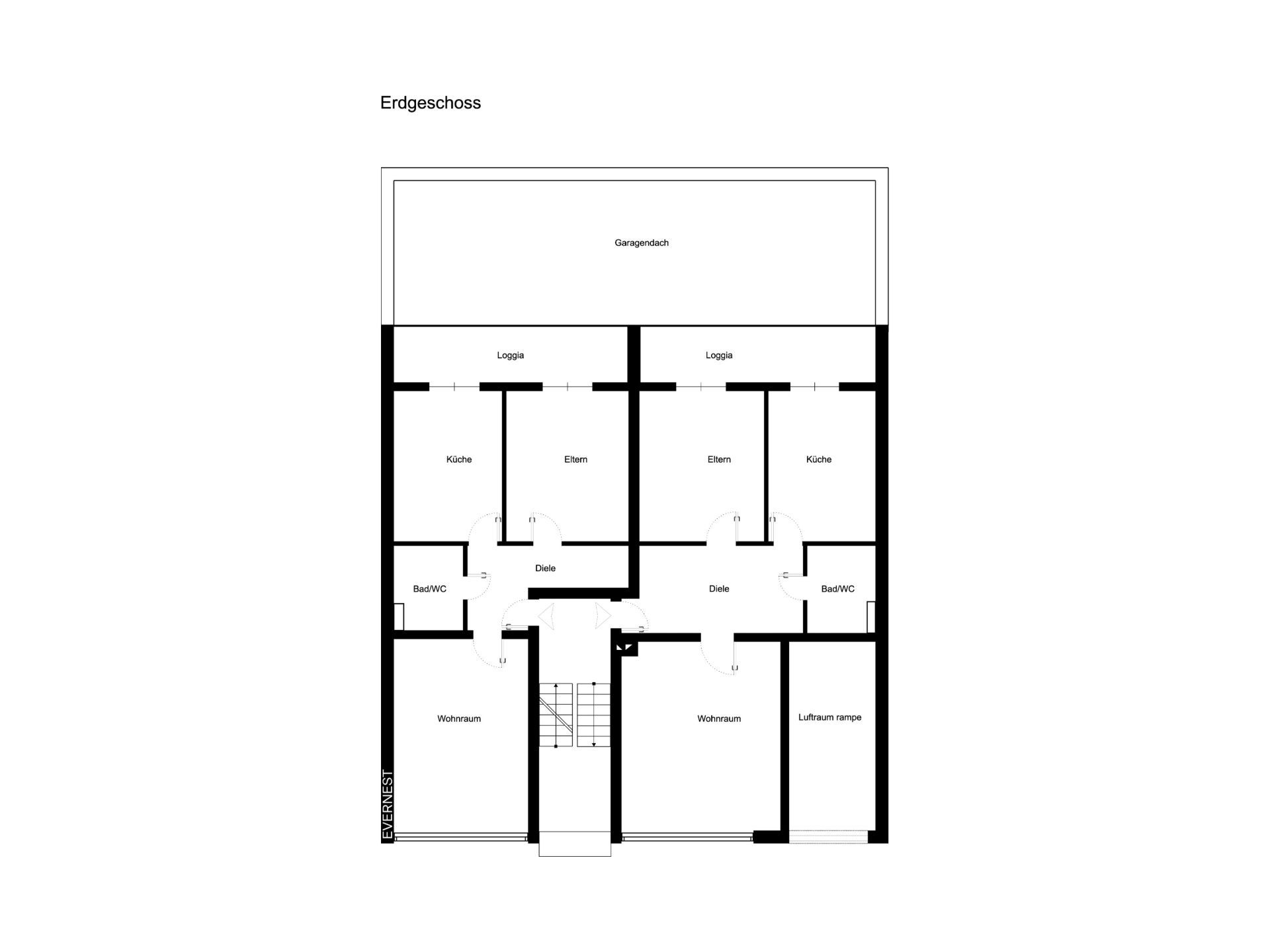 Grundriss des Erdgeschosses mit Wohnzimmer, Küche, Bad/WC, Elternzimmer, Diele und Loggia.