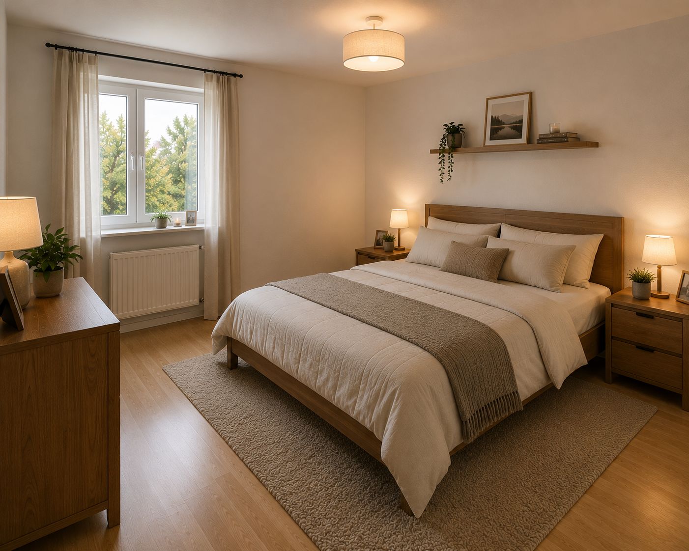 Helles Schlafzimmer mit Doppelbett, Holzmöbeln und Fenster mit Blick ins Grüne.
