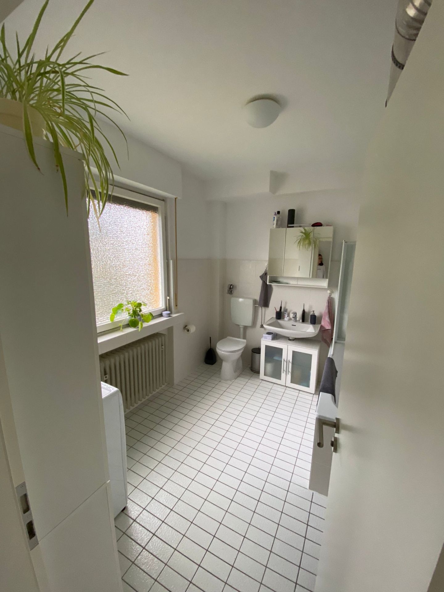 Helles Badezimmer mit Fenster, Toilette, Waschbecken, Pflanzen und weißen Fliesen.