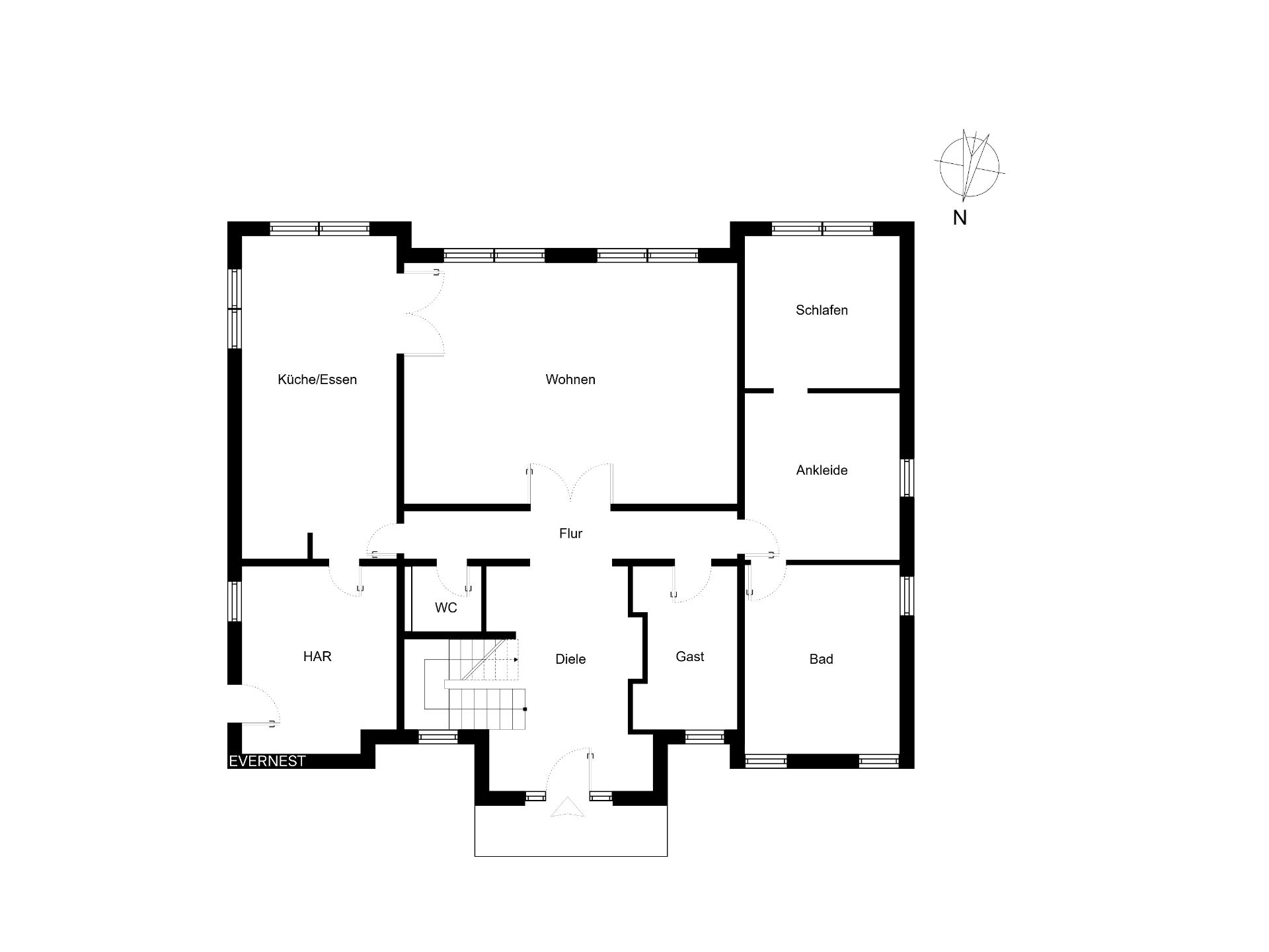 Grundriss eines Wohnhauses mit Küche, Wohnzimmer, Schlafzimmer, Bad und weiteren Räumen.