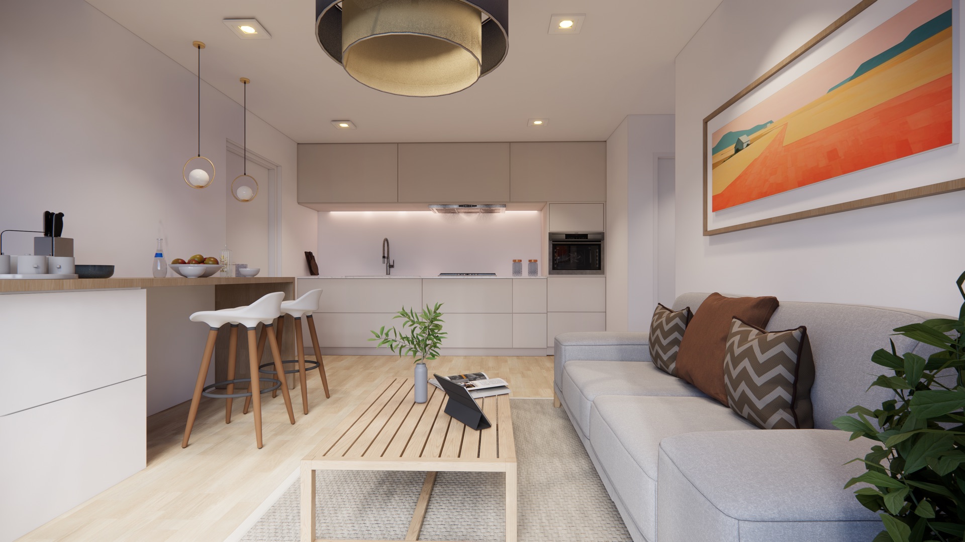 Modernes Wohnzimmer mit heller Küche, Sofa, Holztisch und farbigem Wandbild.