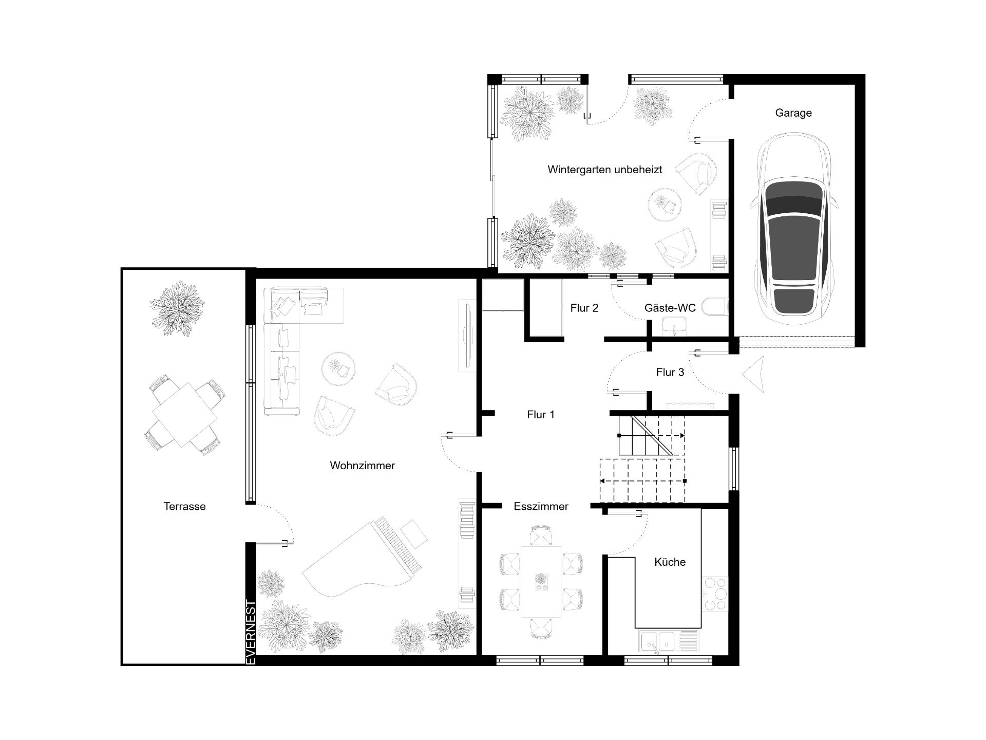 Grundriss mit Wohnzimmer, Esszimmer, Küche, Wintergarten, Terrasse, Gäste-WC und Garage.