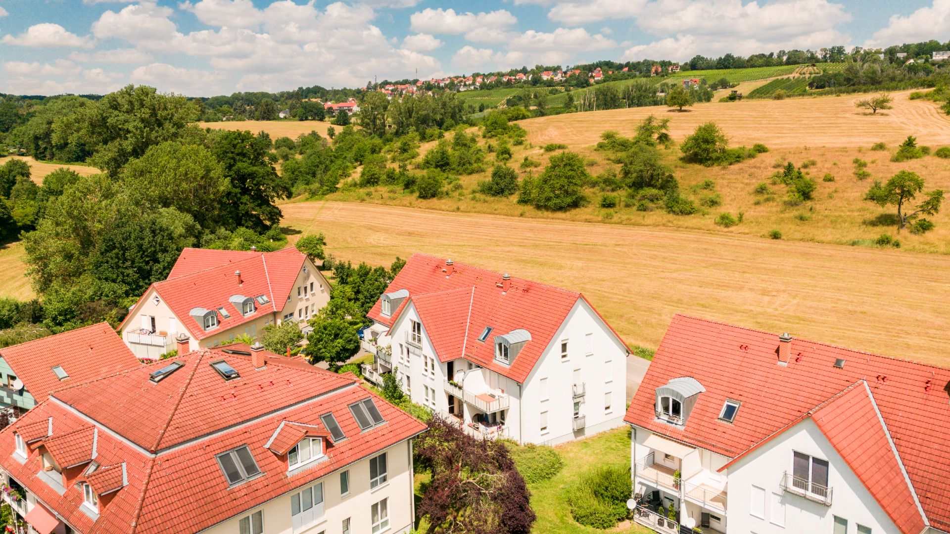Mehrere Wohnhäuser mit roten Dächern vor einer grünen und gelben Feldlandschaft.