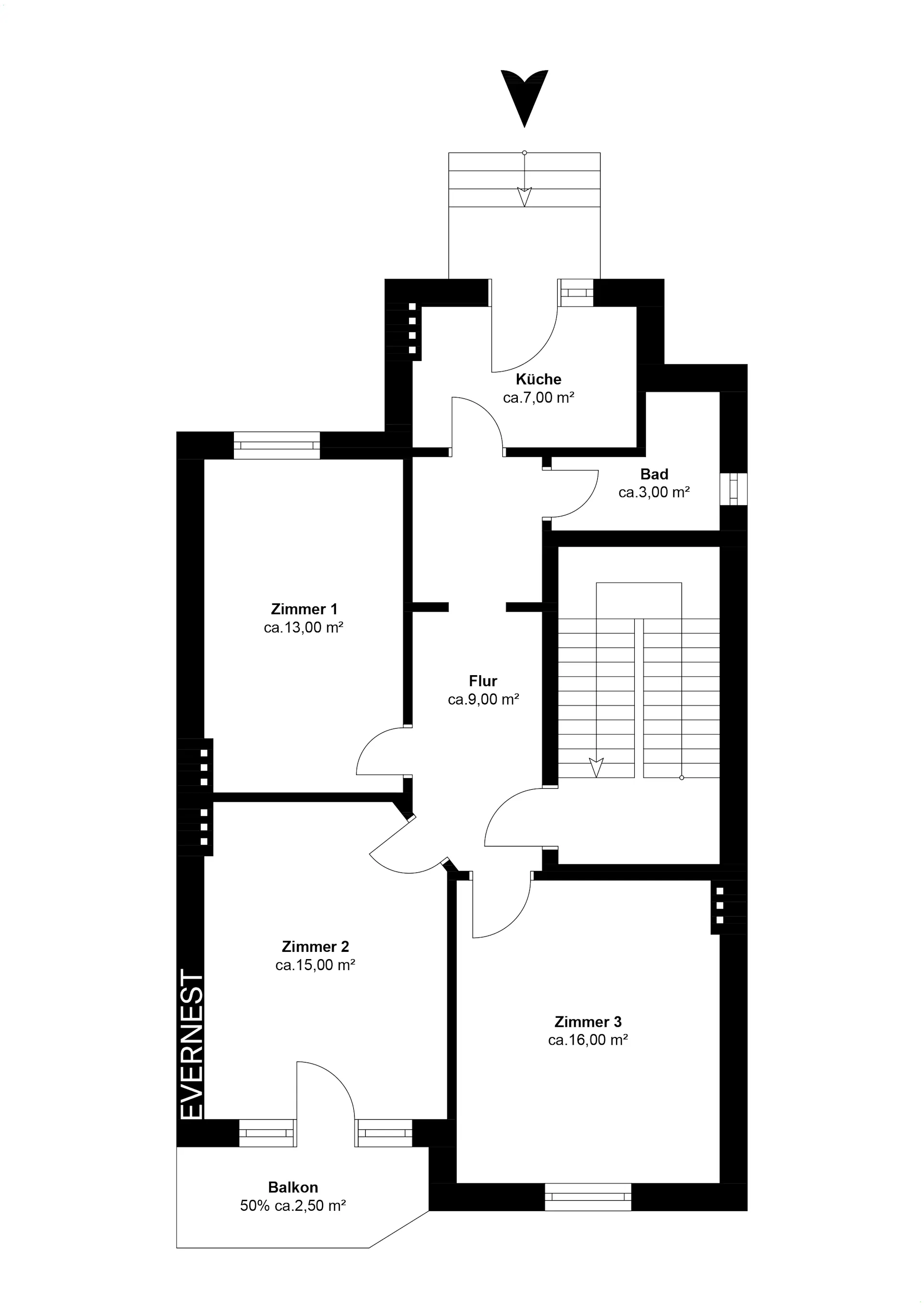 Grundriss mit drei Zimmern, Küche, Bad, Flur und Balkon.