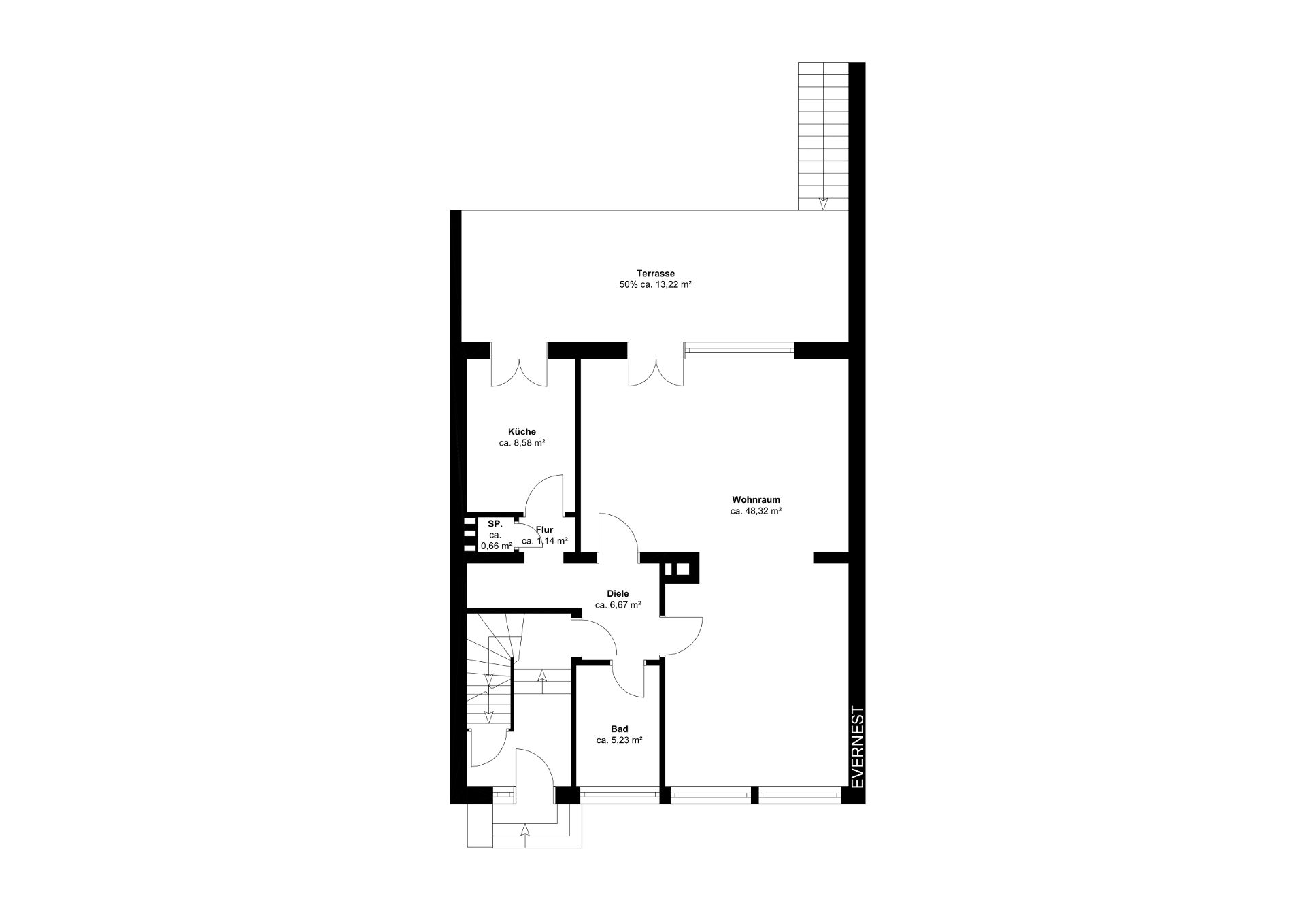 Grundriss einer Wohnung mit Wohnraum, Küche, Bad, Diele, Flur, Abstellraum und Terrasse.