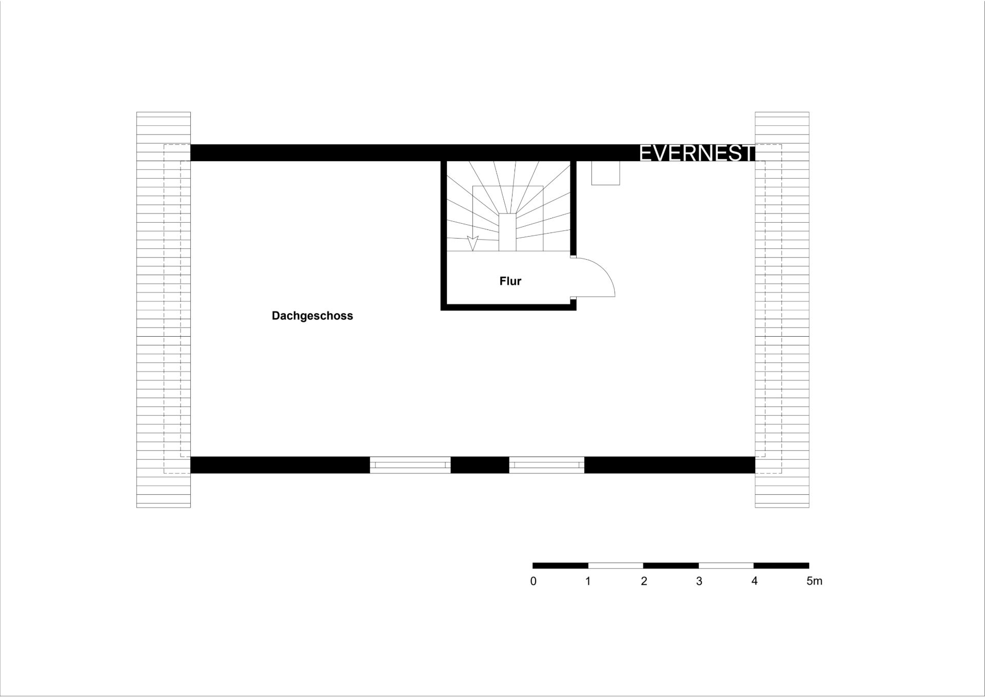 Grundriss eines Dachgeschosses mit Flur und Treppe, umlaufender Balkon sichtbar.