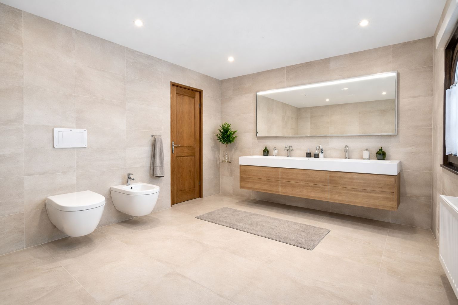 Modernes Badezimmer mit großem Spiegel, Holzwaschtisch, Toilette, Bidet und Pflanze.