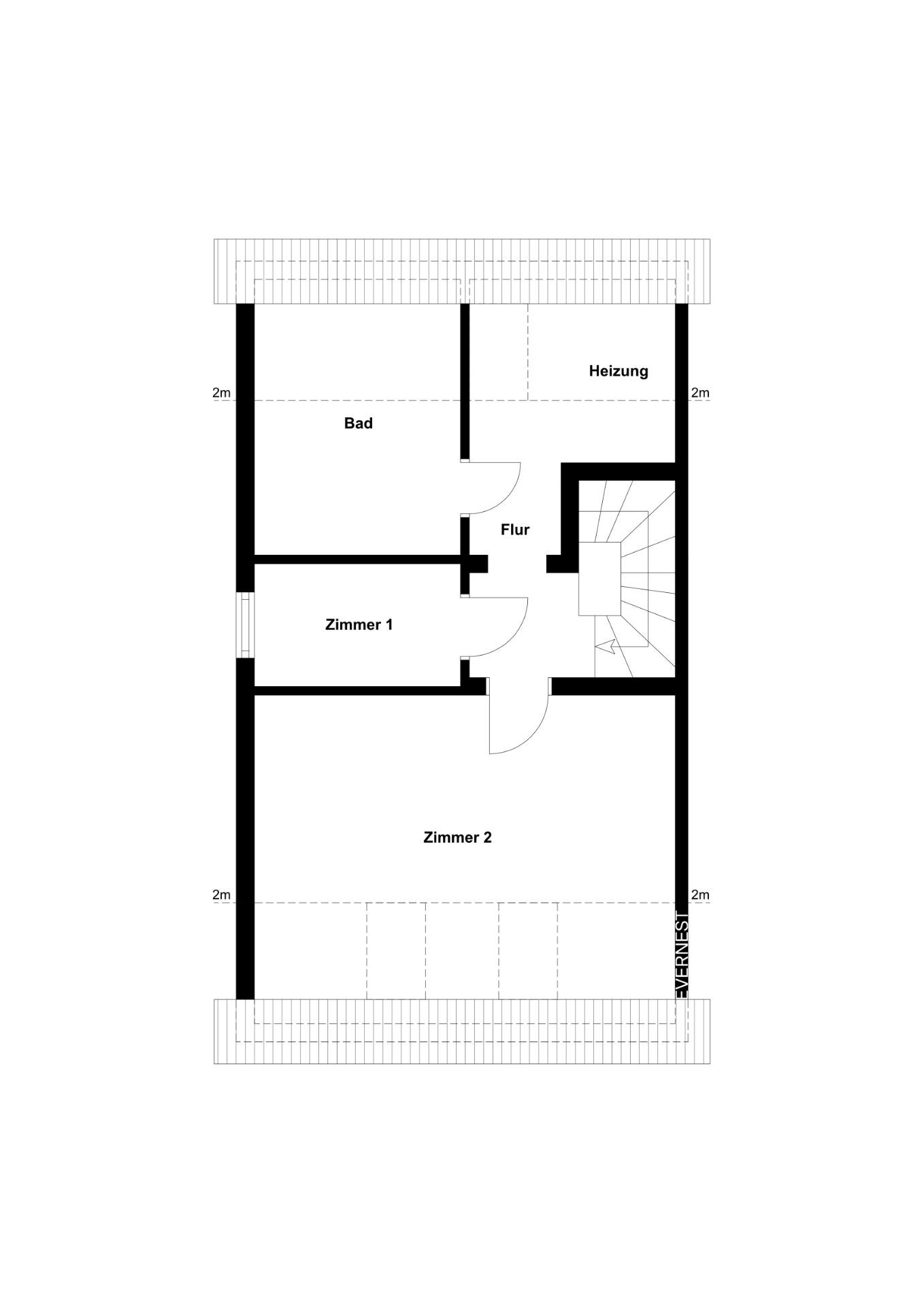 Grundriss mit Bad, Heizung, Flur, Zimmer 1, Zimmer 2 und Treppenhaus.
