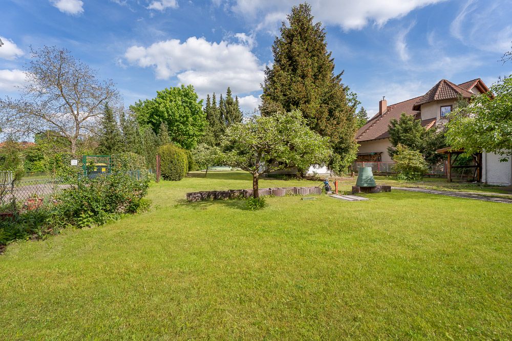 Grüner Garten mit Bäumen, Rasenfläche und einem Wohnhaus im Hintergrund.