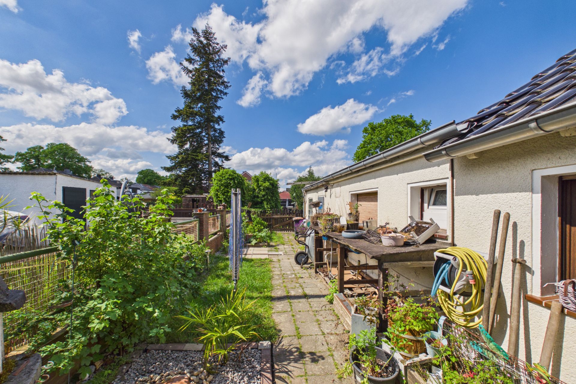 Gartenweg neben einem Wohnhaus mit Pflanzen, Regalen und einem Gartenschlauch.