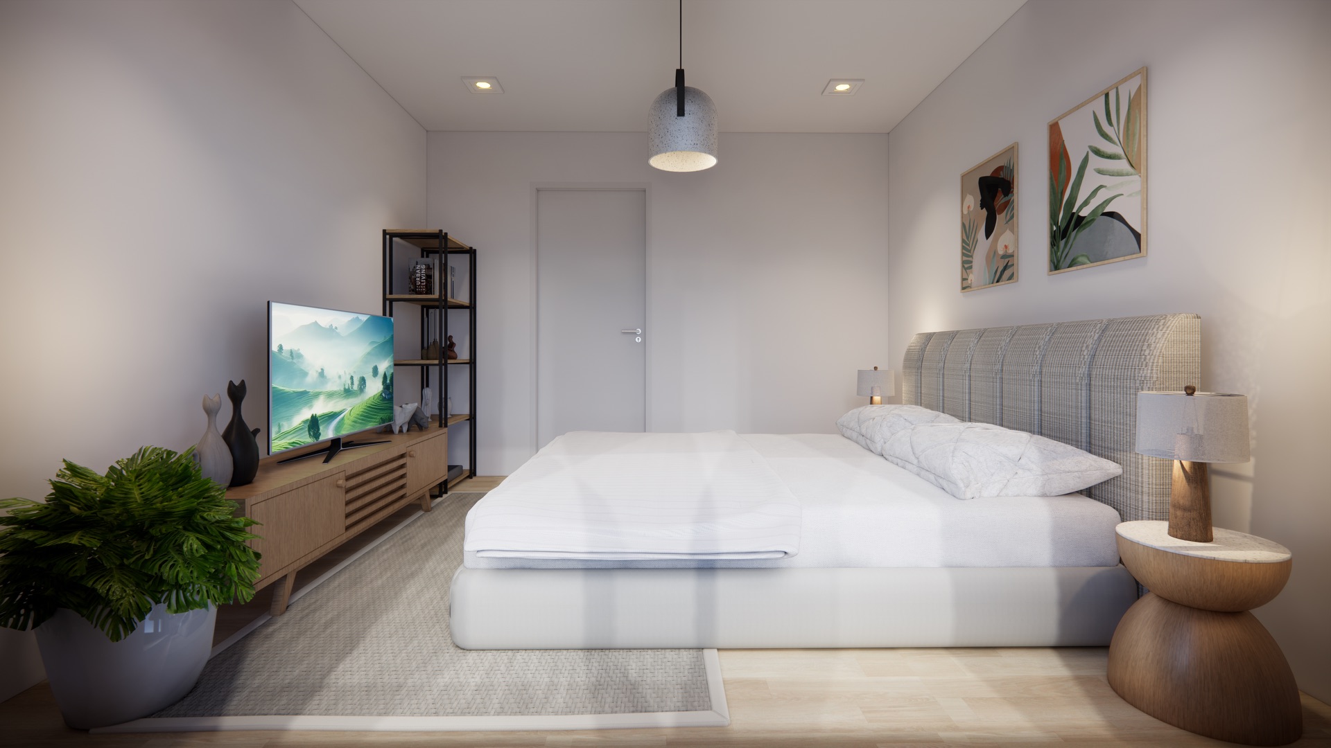 Modernes Schlafzimmer mit Doppelbett, Fernseher, Pflanze und Wandbildern.