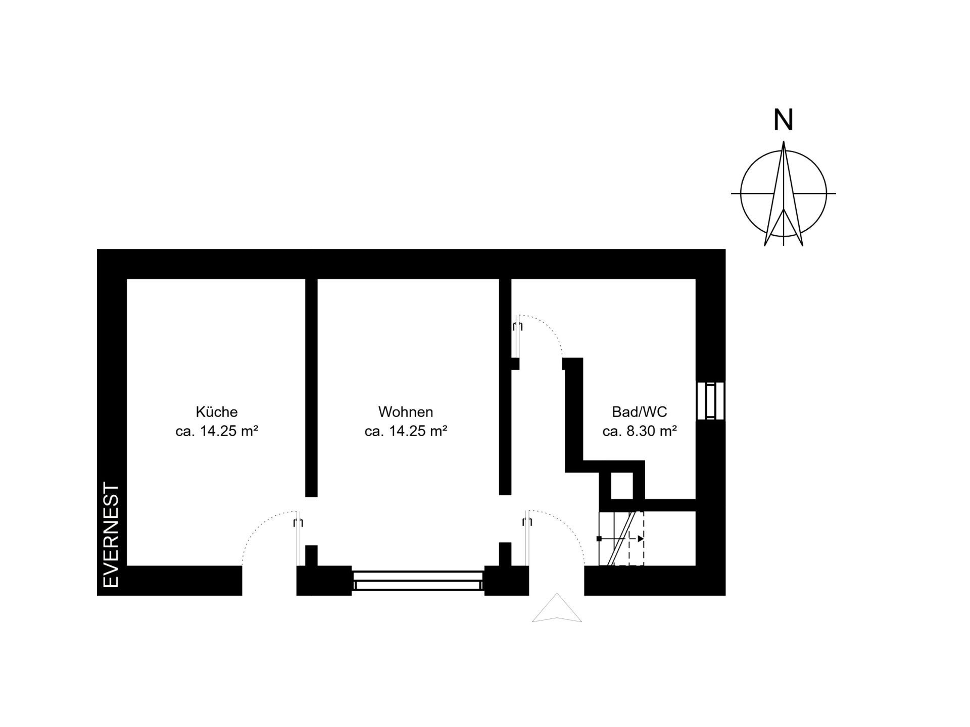 Grundriss mit Küche, Wohnraum und Bad/WC, jeweils mit Flächenangabe in Quadratmetern.