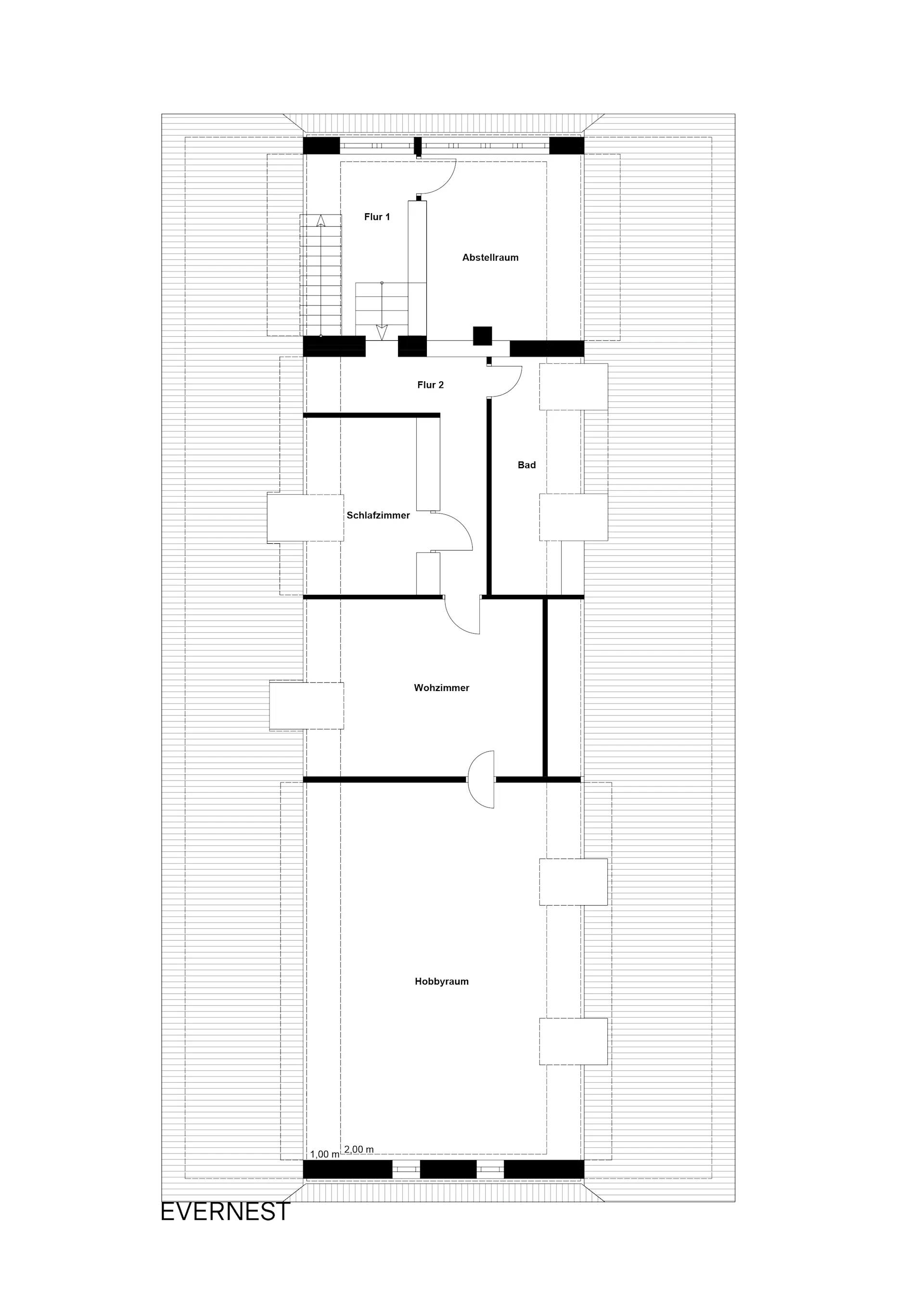 Grundriss mit Abstellraum, Flur, Bad, Schlafzimmer, Wohnzimmer und Hobbyraum.