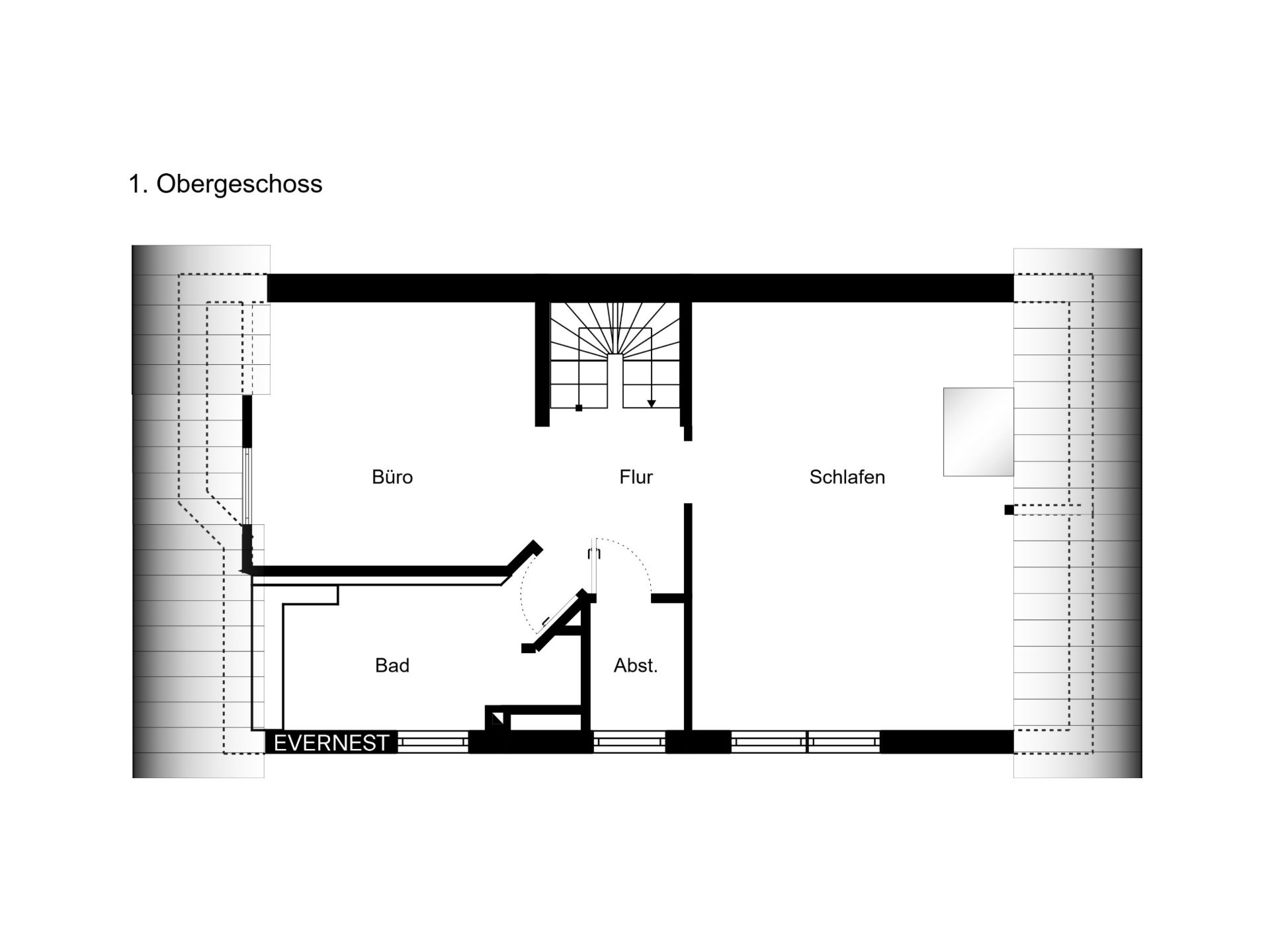 Grundriss des Obergeschosses mit Büro, Schlafzimmer, Bad, Flur und Abstellraum.