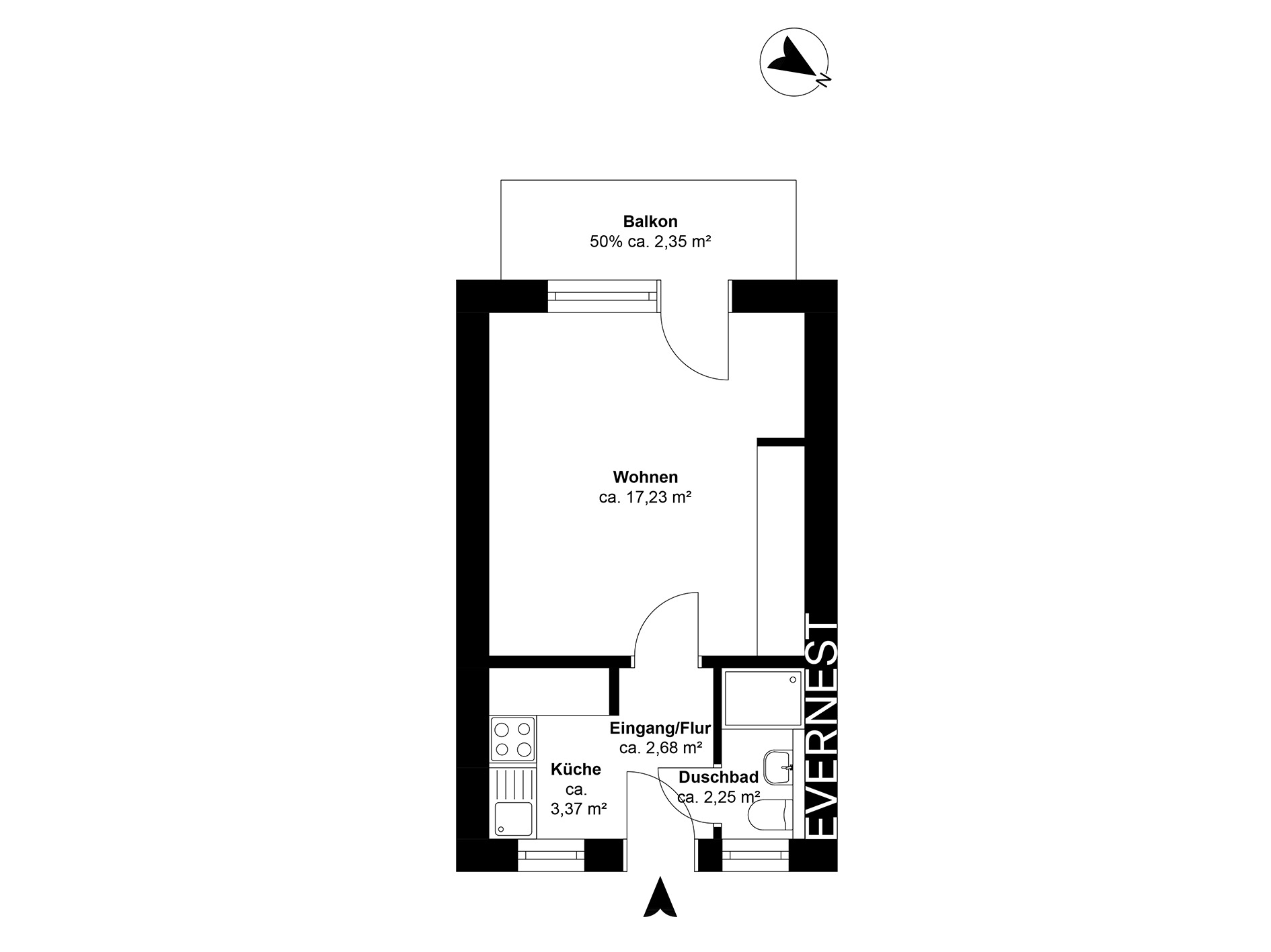 Grundriss einer Wohnung mit Wohnraum, Küche, Duschbad, Flur und Balkon.