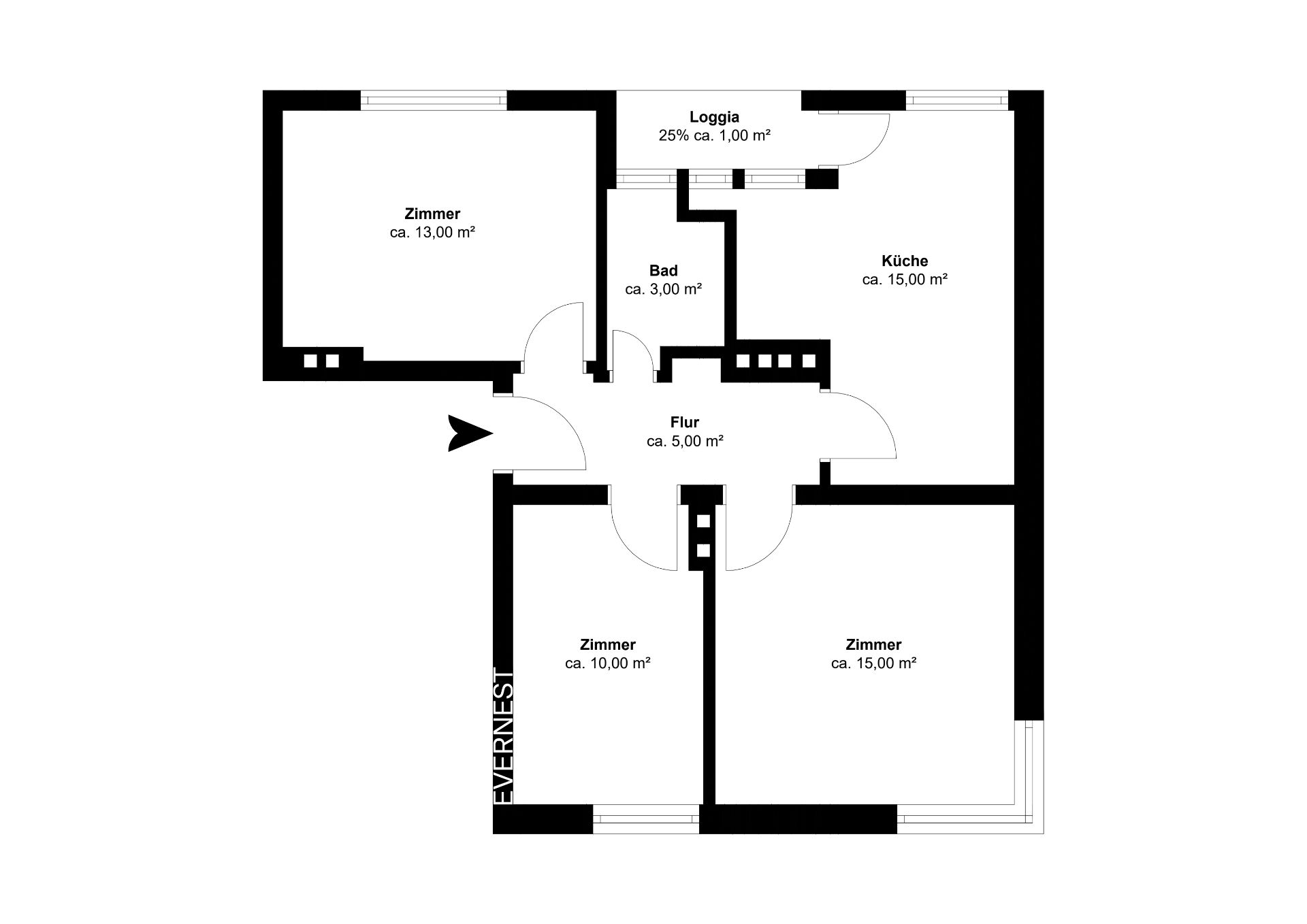 Grundriss mit drei Zimmern, Küche, Bad, Flur und Loggia, Fläche in Quadratmetern angegeben.