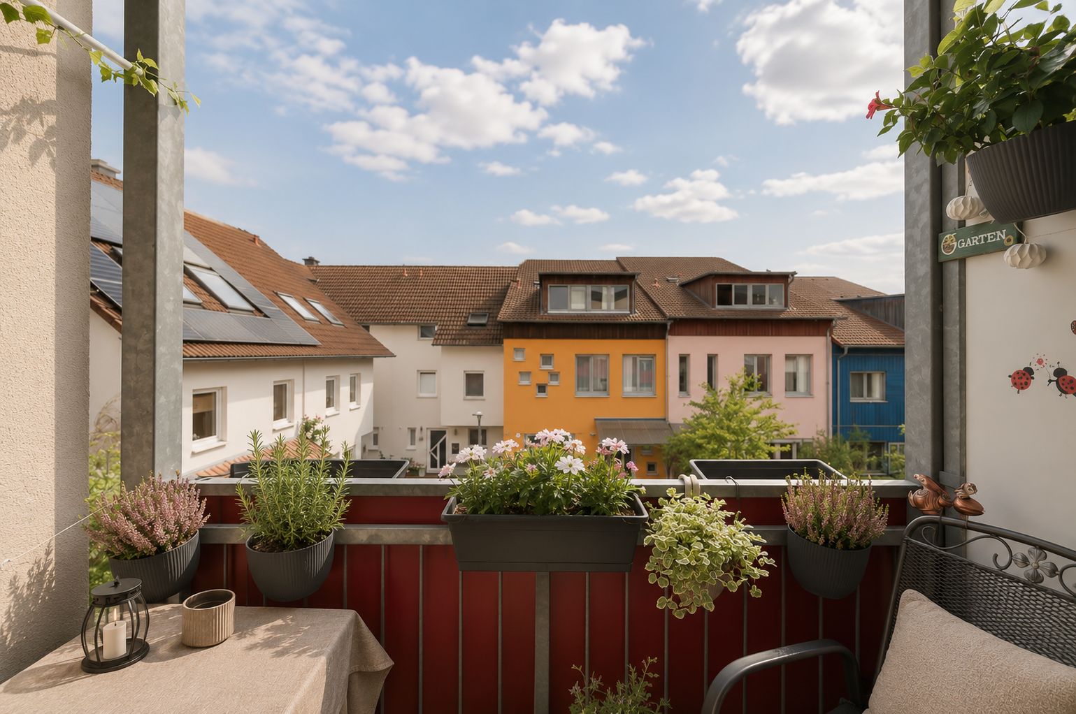 Balkon mit Pflanzen und Blick auf bunte Wohnhäuser bei blauem Himmel.