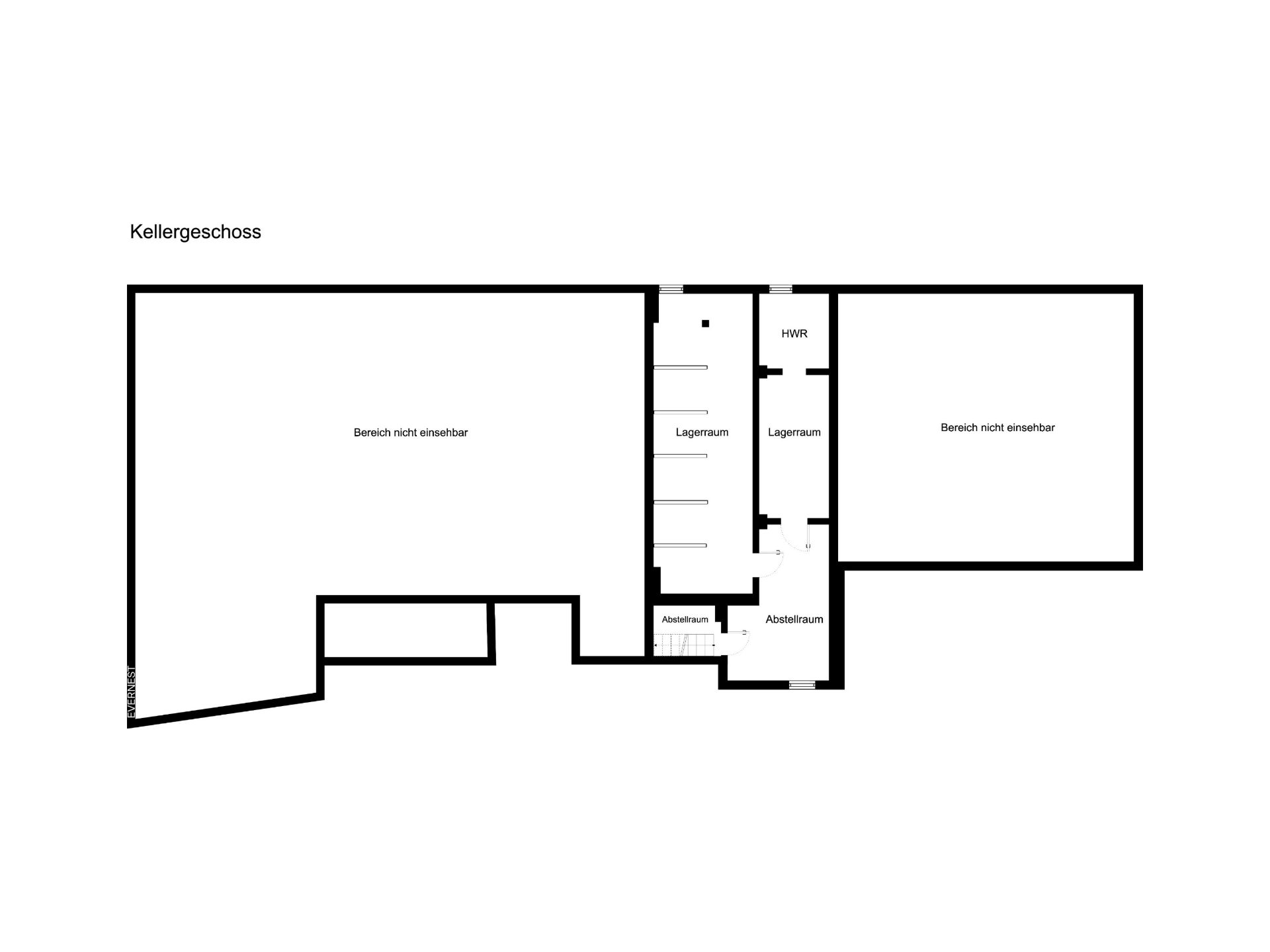 Grundriss des Kellers mit Lagerraum, Hauswirtschaftsraum, Abstellraum und nicht einsehbaren Bereichen.