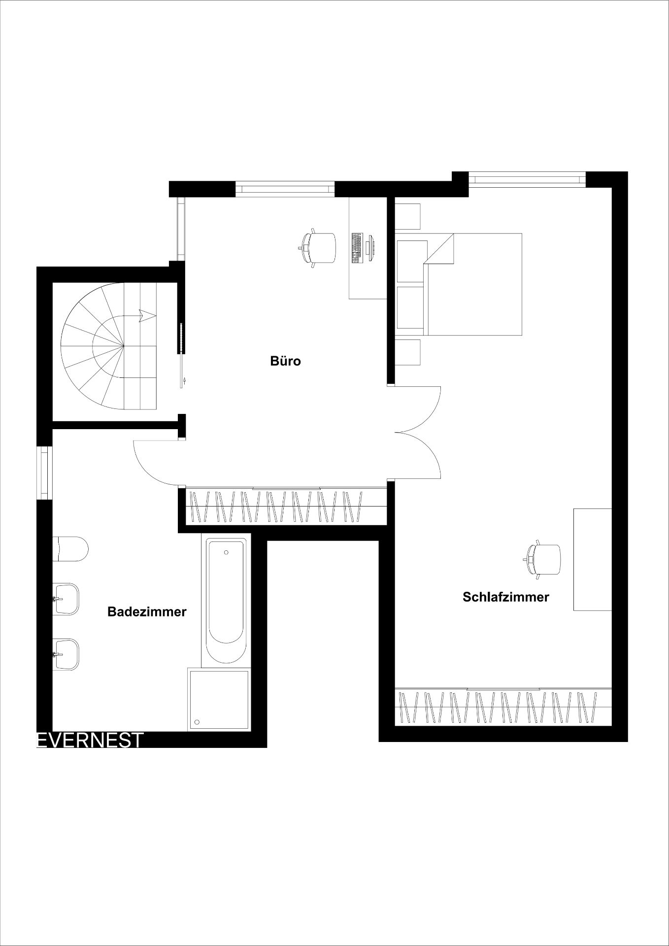 Grundriss mit Büro, Schlafzimmer, Badezimmer und Wendeltreppe.