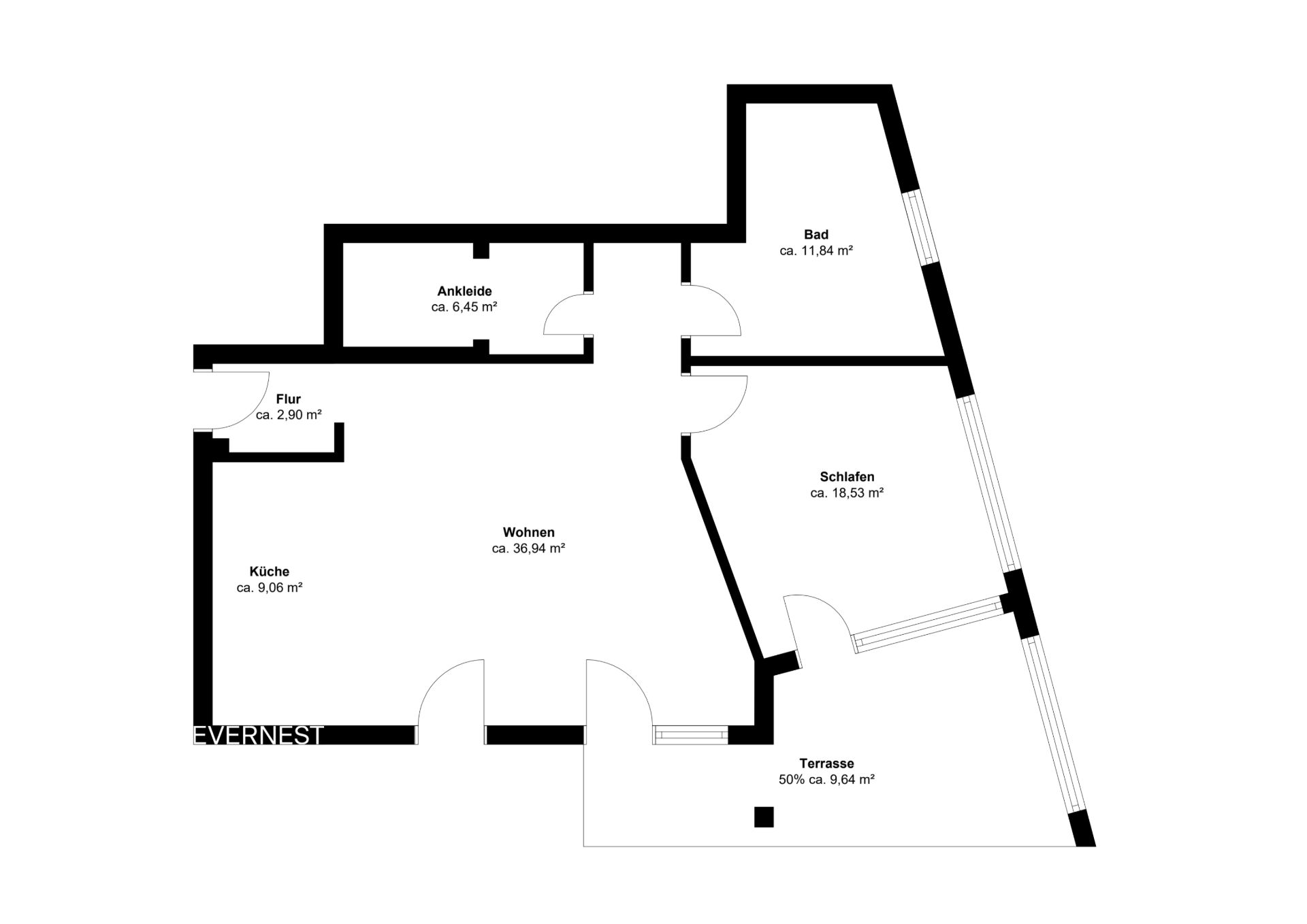 Grundriss einer Wohnung mit Küche, Wohnzimmer, Schlafzimmer, Bad, Flur, Ankleide und Terrasse.
