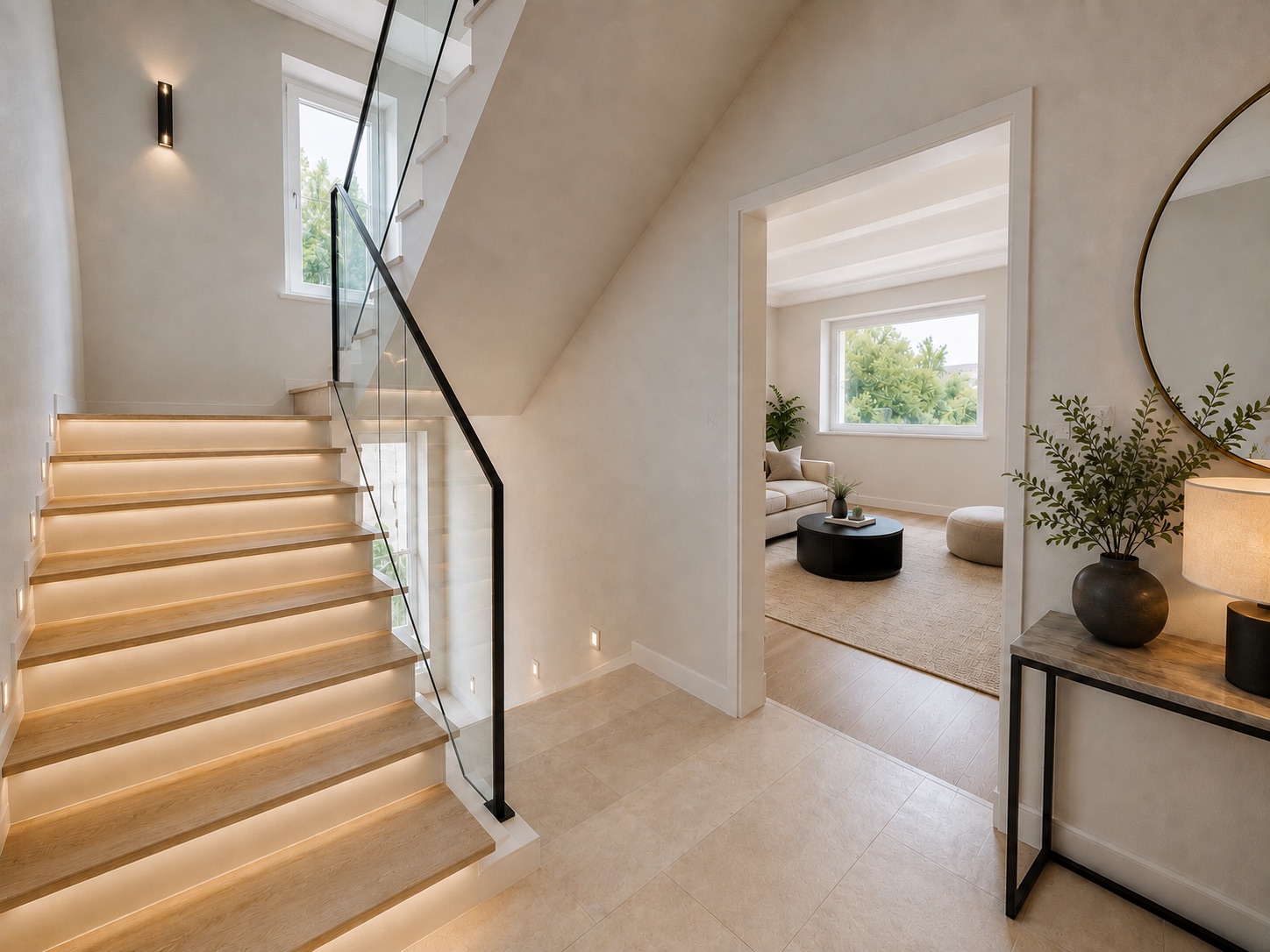 Heller Flur mit beleuchteter Treppe, Spiegel und Blick in ein Wohnzimmer mit Sofa und großem Fenster.