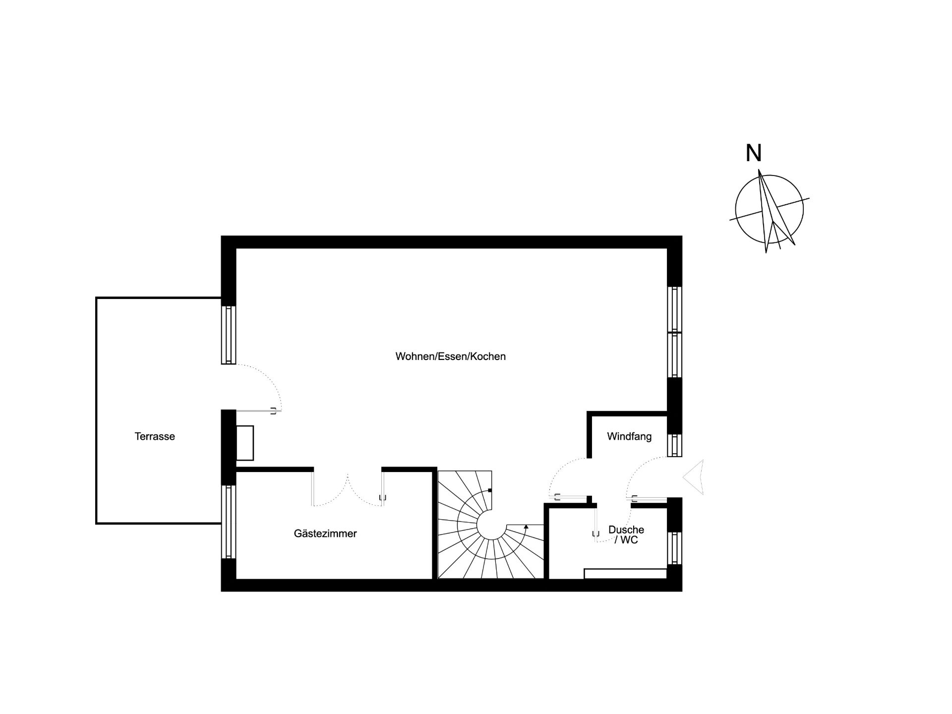 Grundriss mit Wohnzimmer, Gästezimmer, Terrasse, Dusche/WC und Windfang.