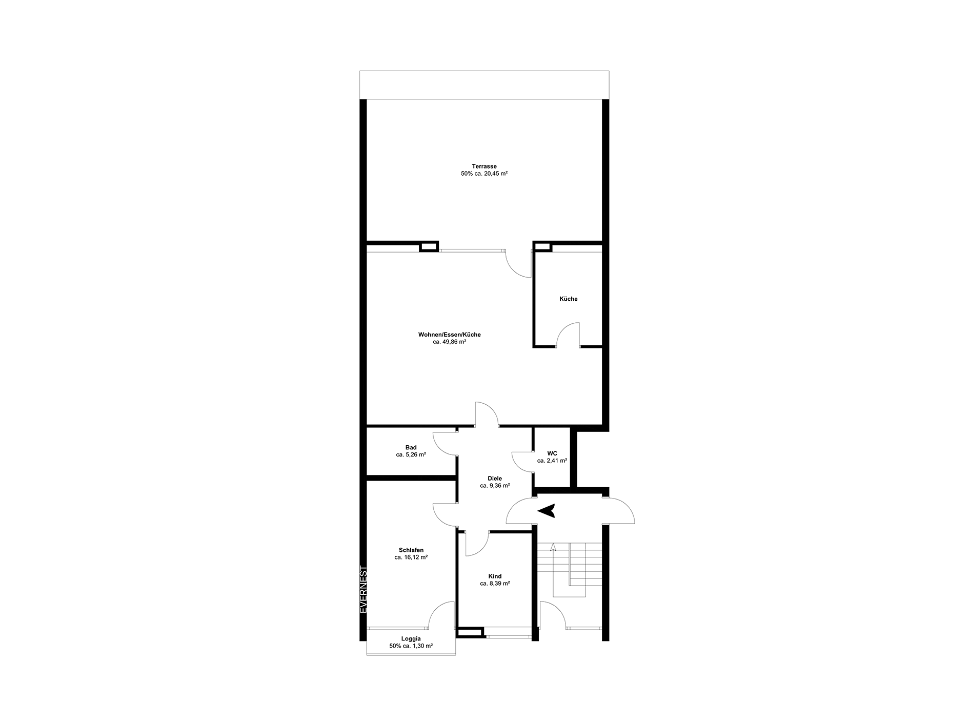 Grundriss einer Wohnung mit Terrasse, Wohnzimmer, Küche, Bad, WC, Schlafzimmer, Kinderzimmer und Loggia.