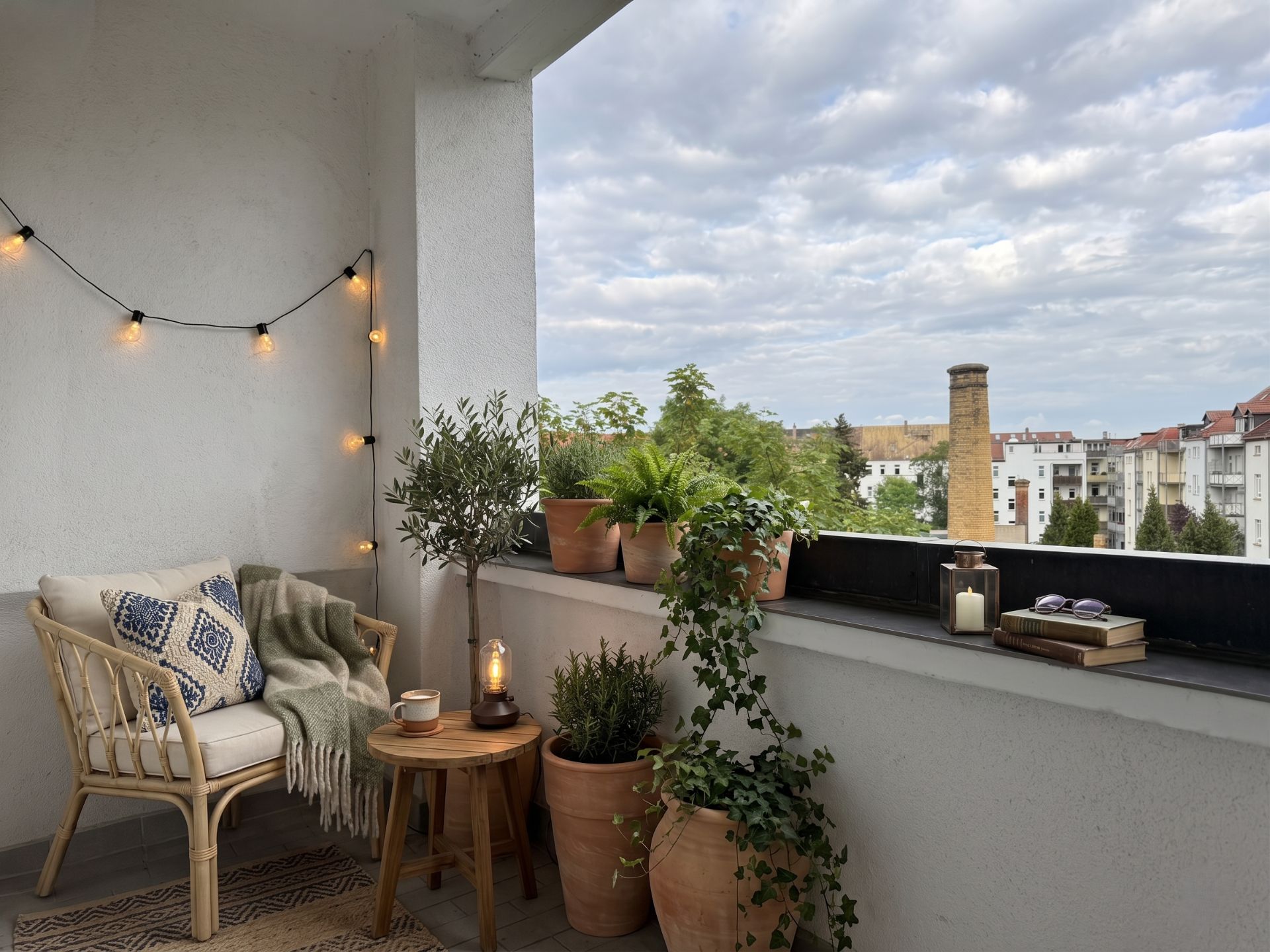 Gemütlicher Balkon mit Sessel, Lichterkette, Pflanzen und Büchern auf einem Tisch und Geländer.