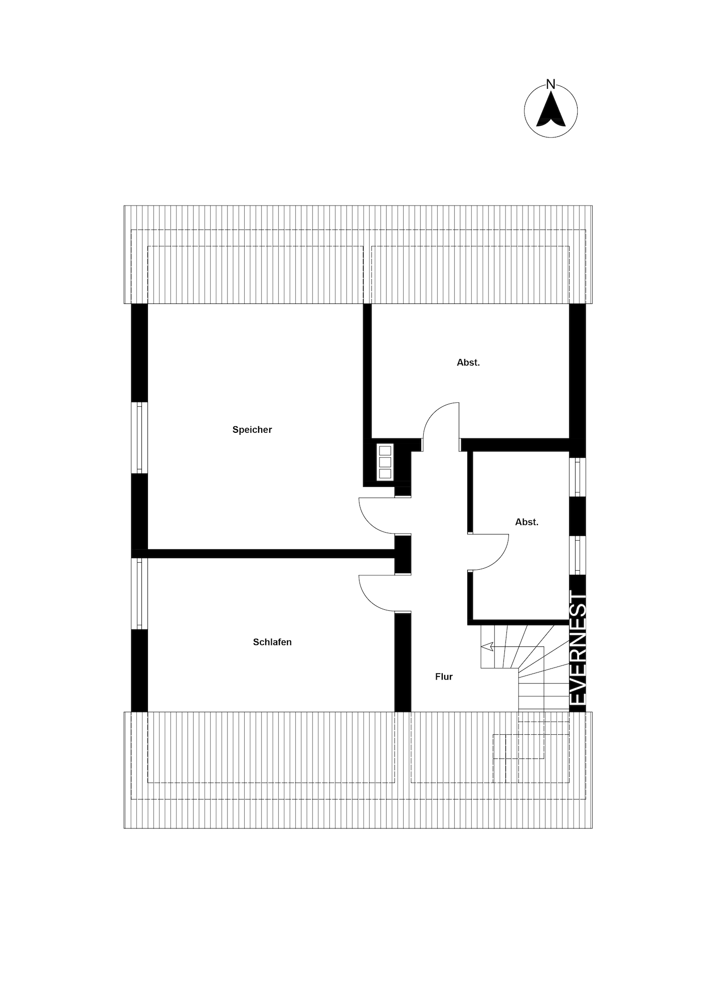Grundriss einer Etage mit Schlafzimmer, Speicher, Flur und zwei Abstellräumen.