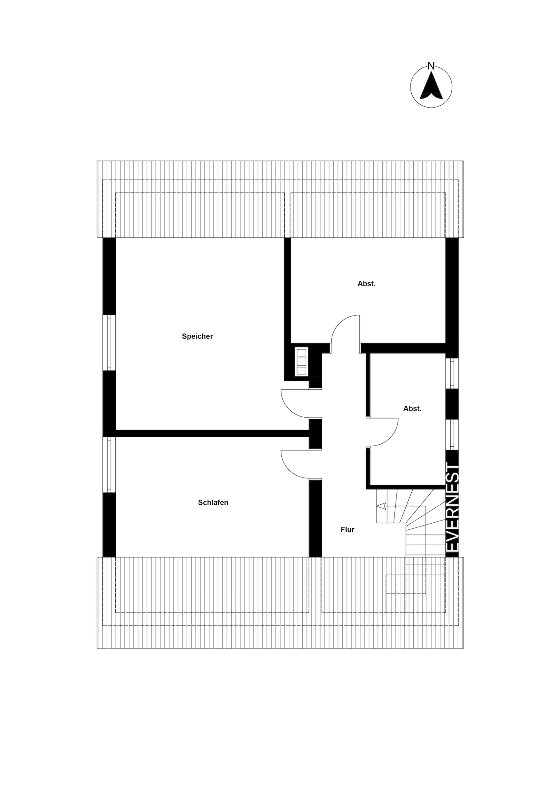 Grundriss einer Etage mit Schlafzimmer, Speicher, Flur und zwei Abstellräumen.