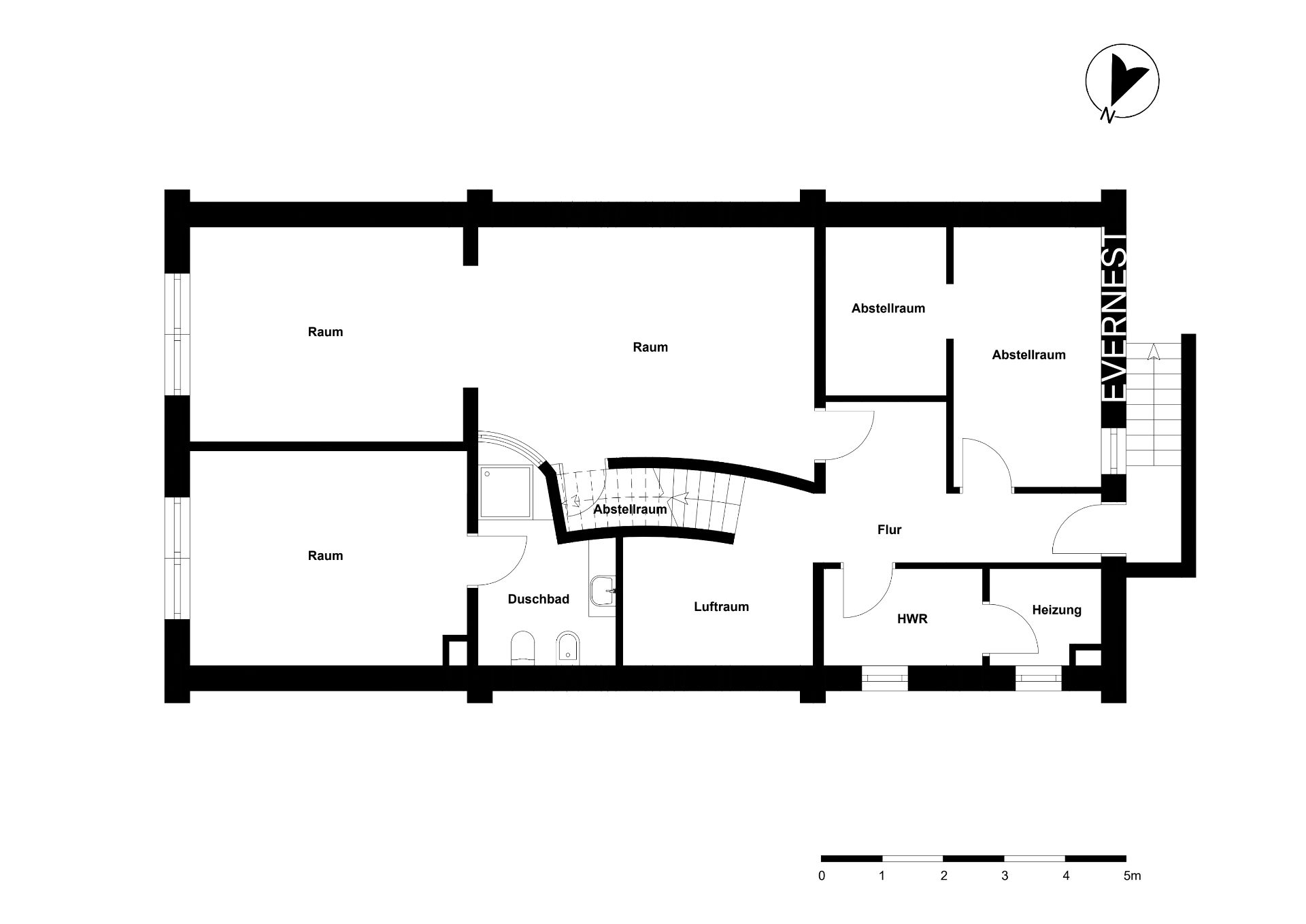 Grundriss mit mehreren Räumen, Duschbad, Abstellräumen, Hauswirtschaftsraum und Heizung.