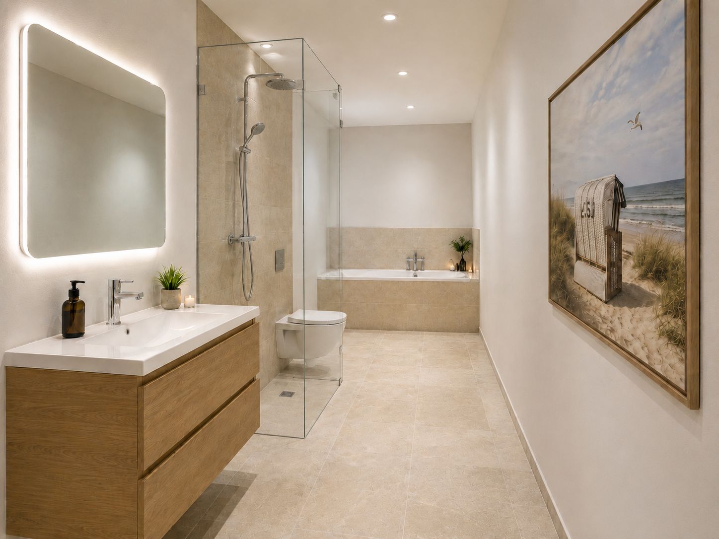 Modernes Badezimmer mit Holzmöbeln, Dusche, Badewanne und beleuchtetem Spiegel.