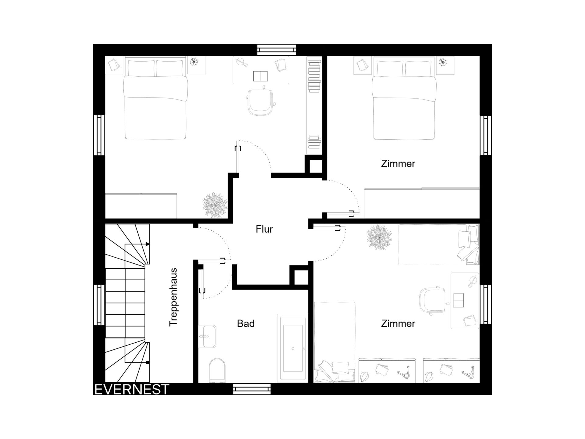 Grundriss mit Flur, zwei Zimmern, Schlafzimmer, Bad und Treppenhaus.