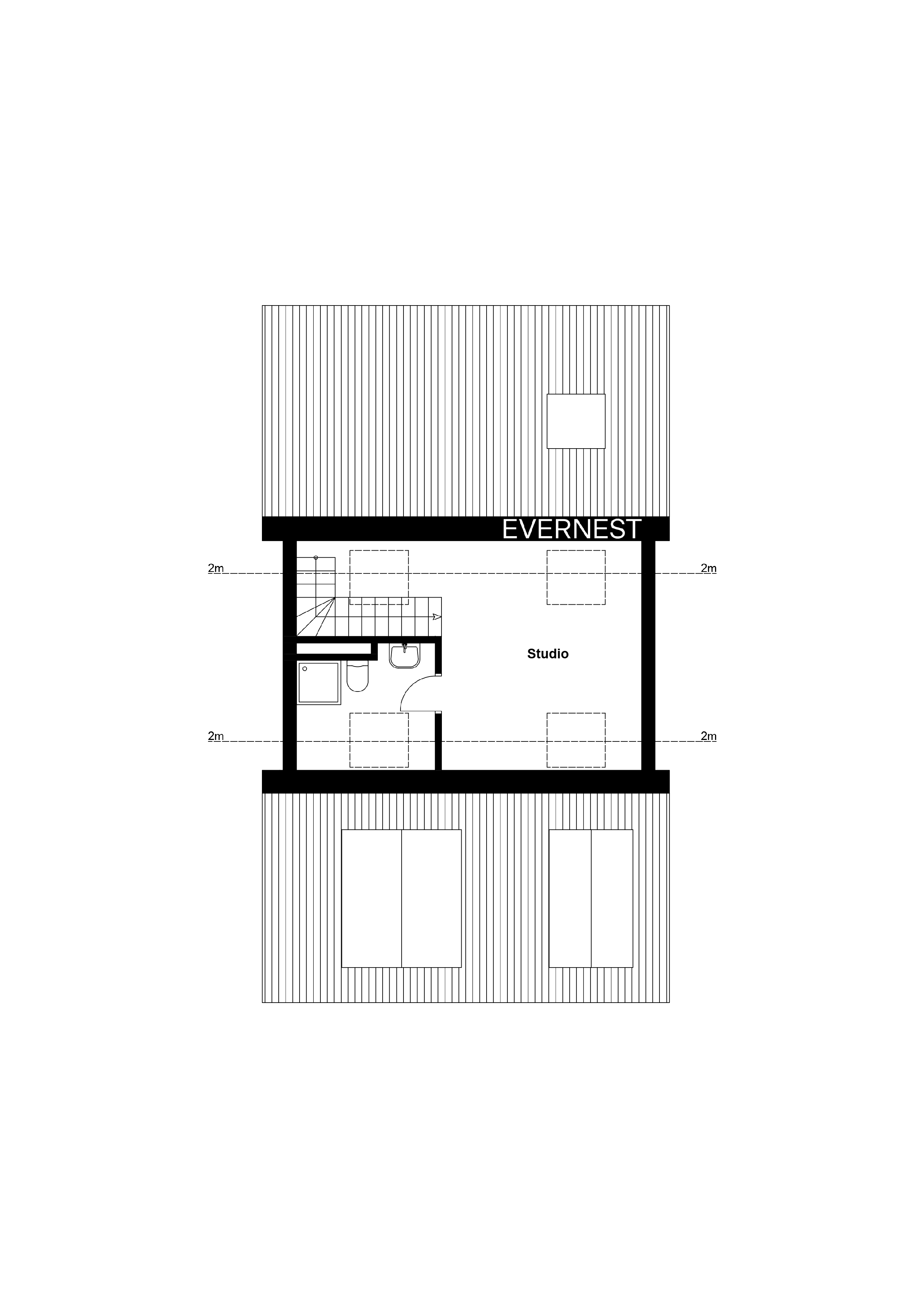 Grundriss eines Studios mit Treppe, Bad und mehreren Räumen.