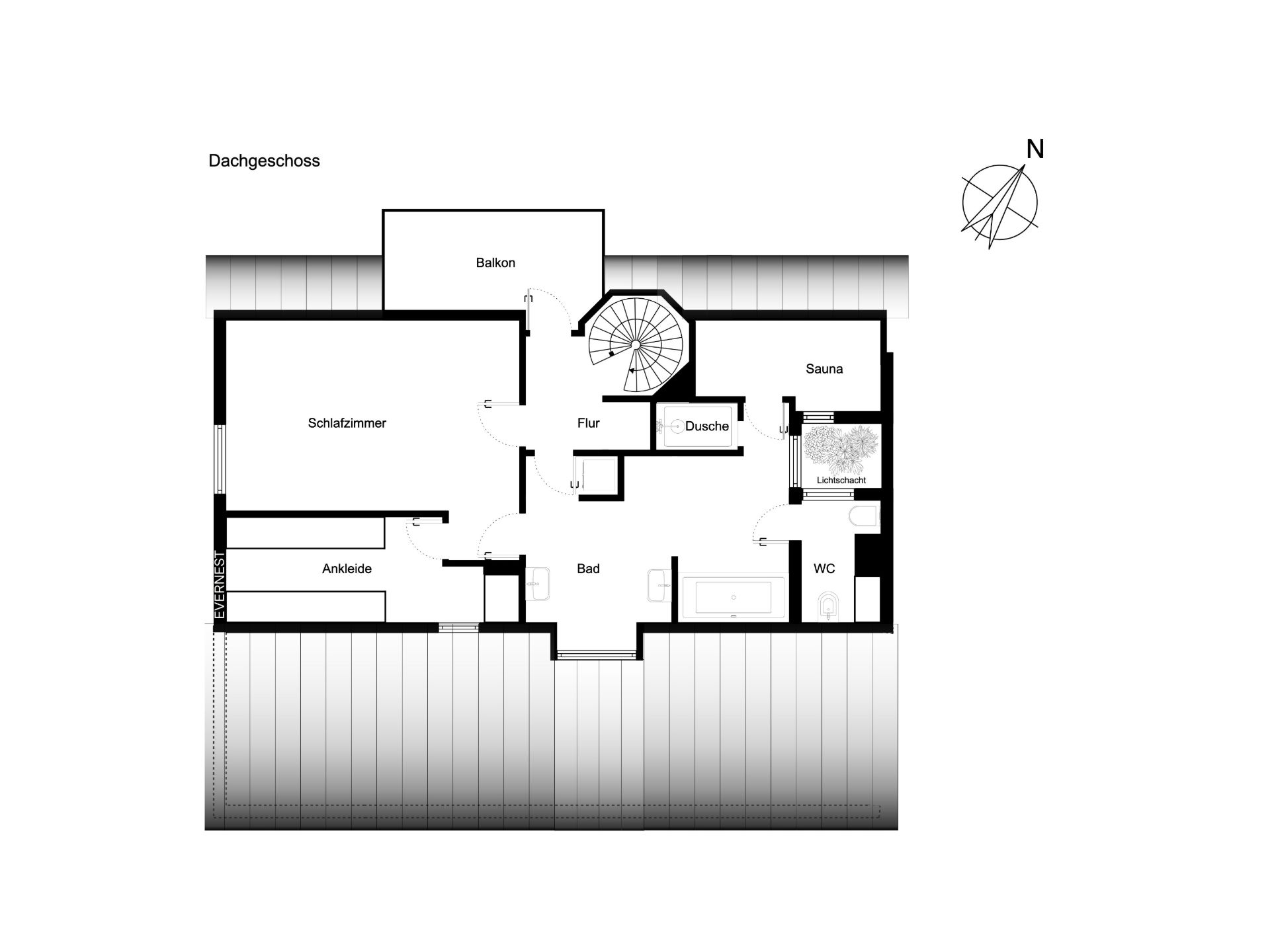 Grundriss eines Dachgeschosses mit Schlafzimmer, Bad, Sauna, WC, Ankleide und Balkon.