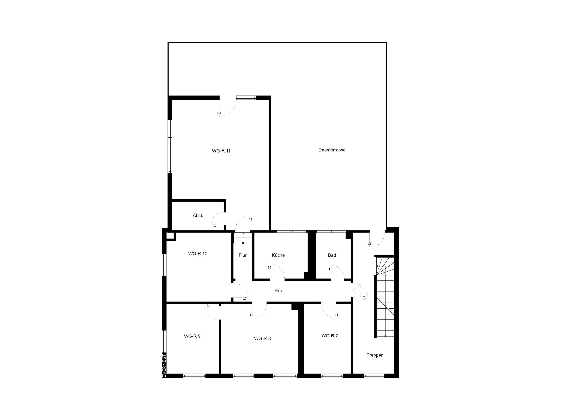 Grundriss einer Wohnung mit mehreren Zimmern, Küche, Bad, Flur und großer Dachterrasse.